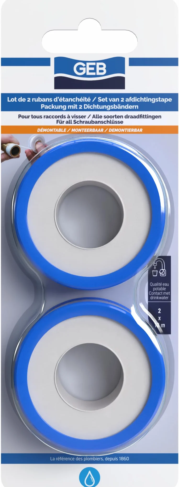 GEB Ruban d'étanchéité PTFE 12 m x 12 mm pour raccords filetés, eau potable, Blanc