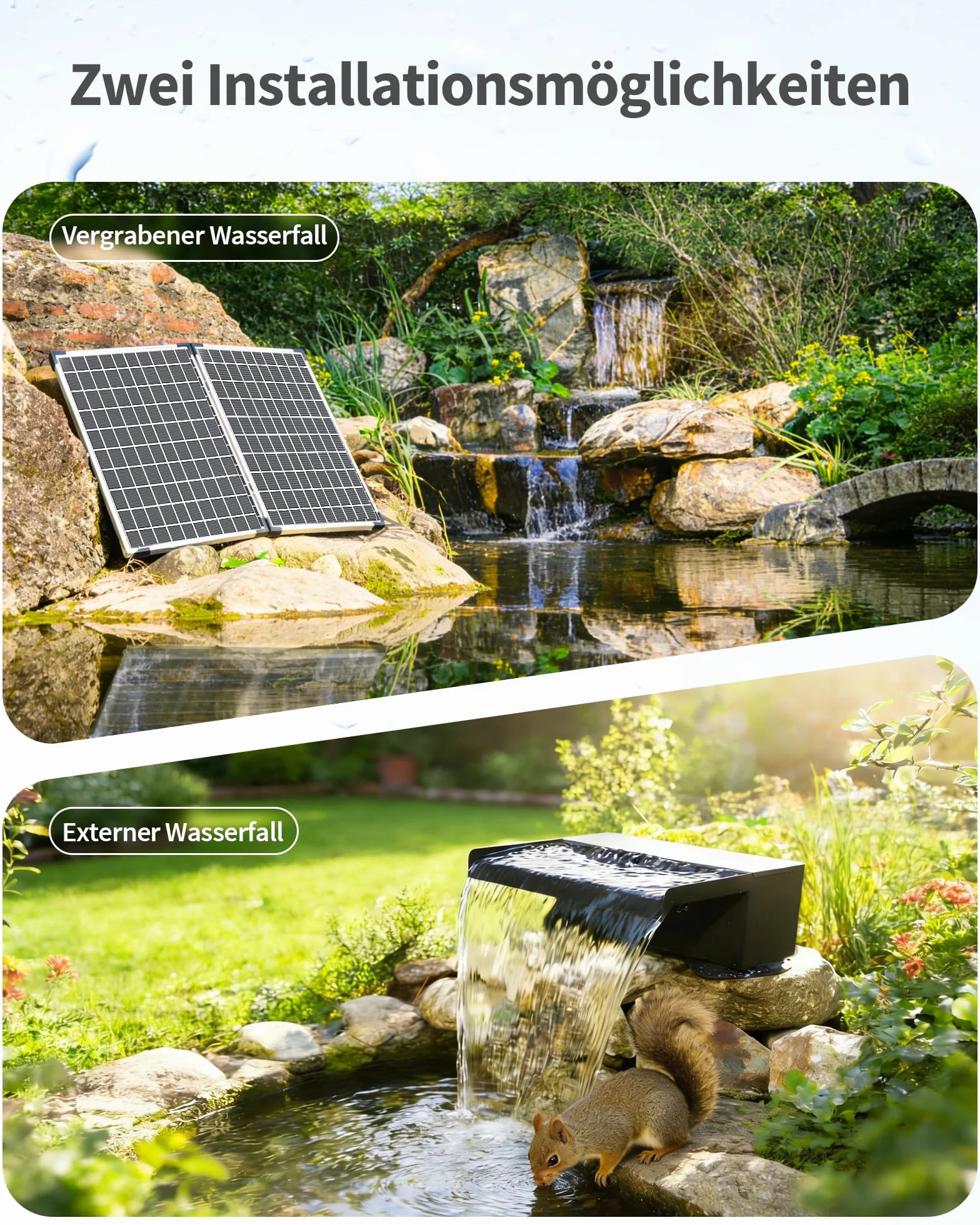 POPOSOAP Cascade d'Étang Solaire 55W, Acier Inoxydable 20 cm, Pompe 2000 L/h, Tuyau 3 m