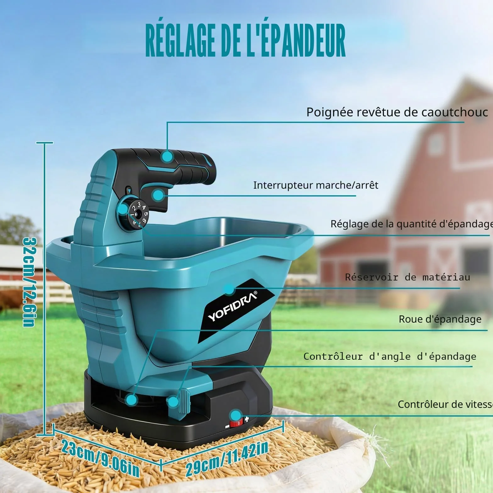 Yofidra Épandeur d'Engrais sans Fil - Épandeur Gazon avec 2 Batteries de 2,0 Ah, Épandeur Gazon, Capacité 3,3 L, 6 Vitesses, 8 Niveaux d'Épandage, Largeur 5 m, Couverture 800 m²