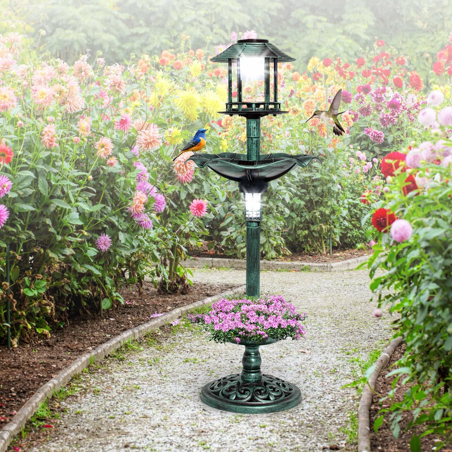 GOPLUS Mangeoire Oiseaux Extérieur Solaire, Bain d'oiseaux sur Pied avec 2 Lampes Solaire, 43x110cm, Vert