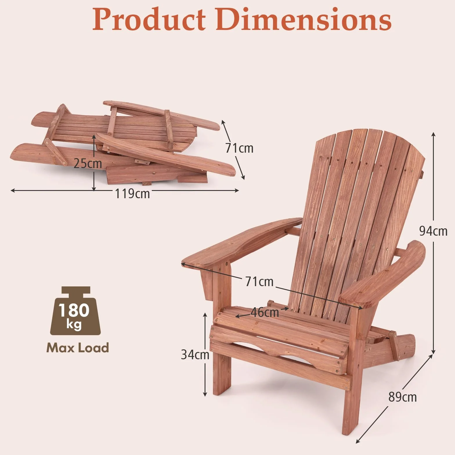 KOMFOTTEU Fauteuil Adirondack, Bois de Sapin, Chaise de Jardin Pliable, Charge de 180 kg, Design Ergonomique, Chaise de feu de Camp, Sièges en Terrasse avec Dossier et Accoudoirs (Lot de 1, Naturel)
