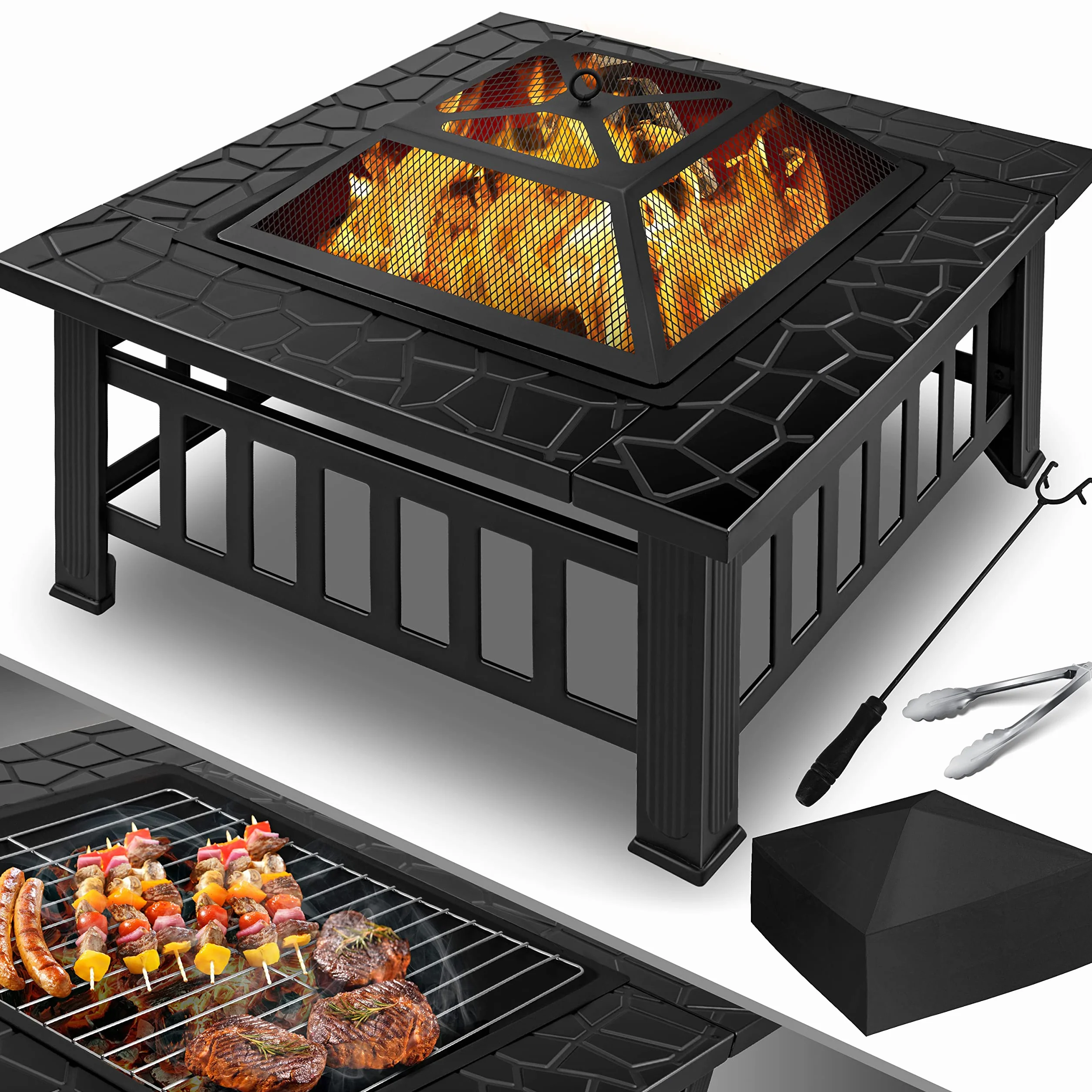 KESSER® 3 en 1 Foyer Multifonction avec Grille et Pince à Grillade, Brasero en Métal pour Jardin Terrasse