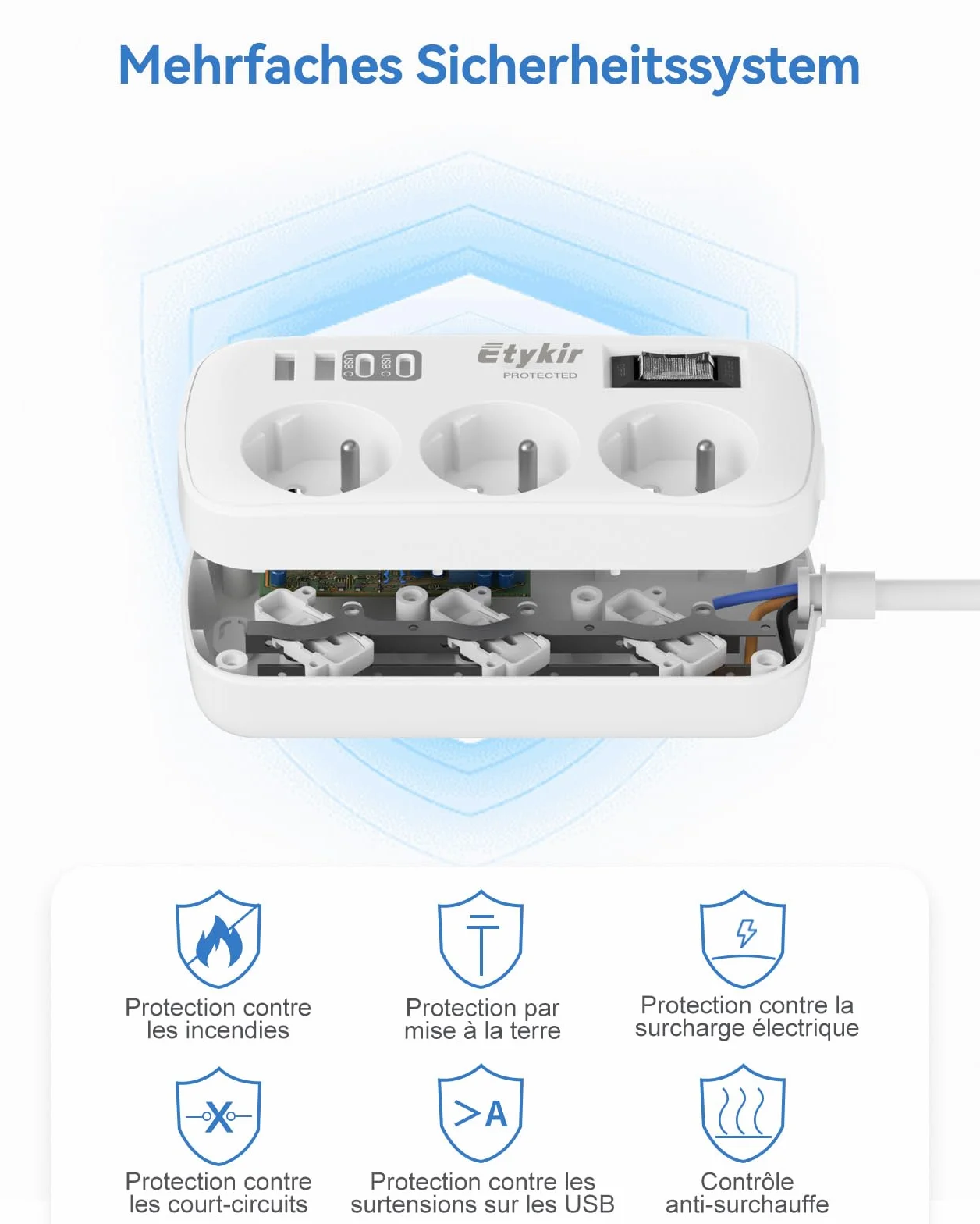 Multiprise Plate avec Interrupteur, 4 USB (2 USB-C), Parafoudre et Surtension, Rallonge 1,5 m Blanc