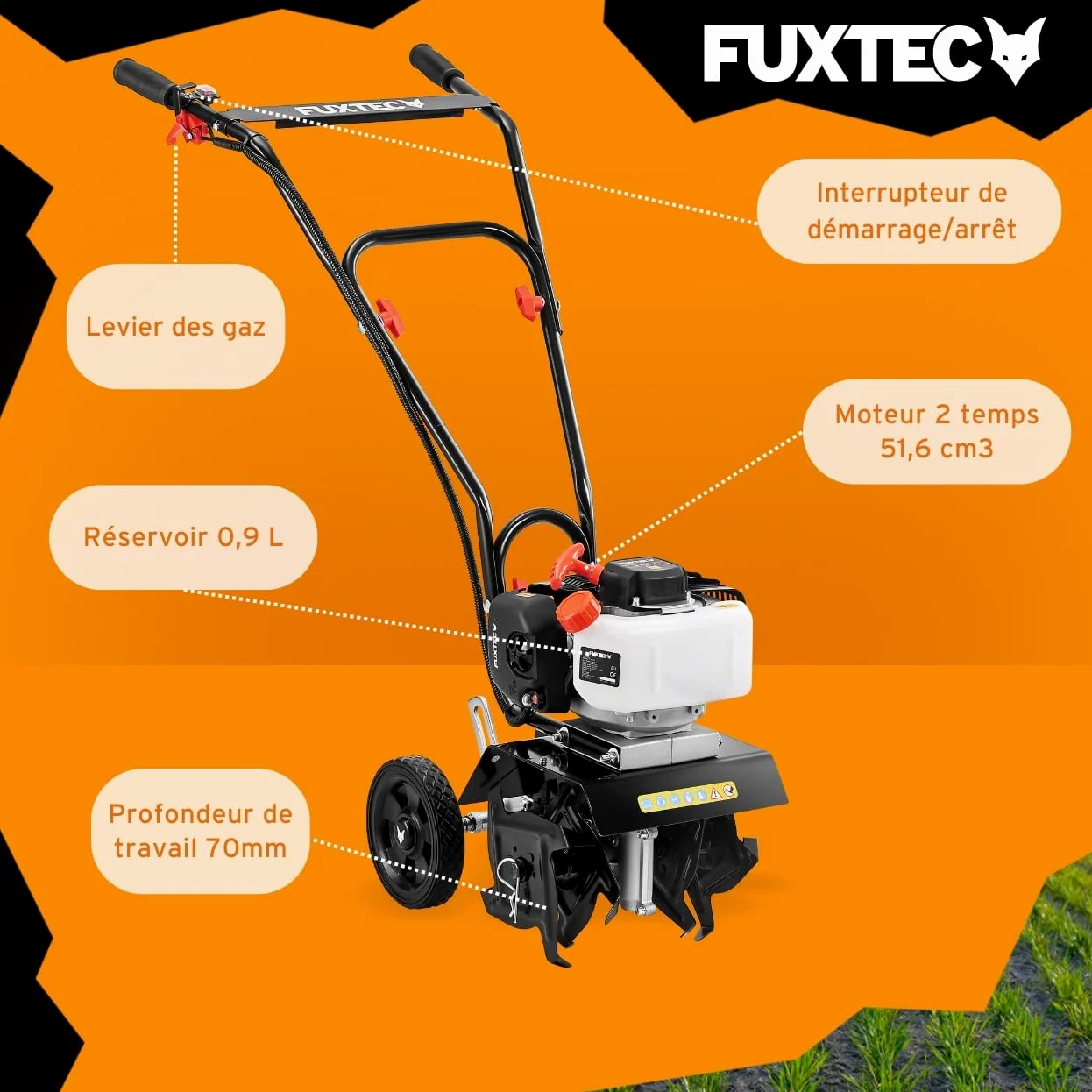 FUXTEC Motobineuse thermique FX-AF152 – Moteur 2 temps 51,6 cm³ – 23 cm de largeur – Profondeur de 70 mm – Fraises étoilées – Léger & maniable – Poignée ergonomique
