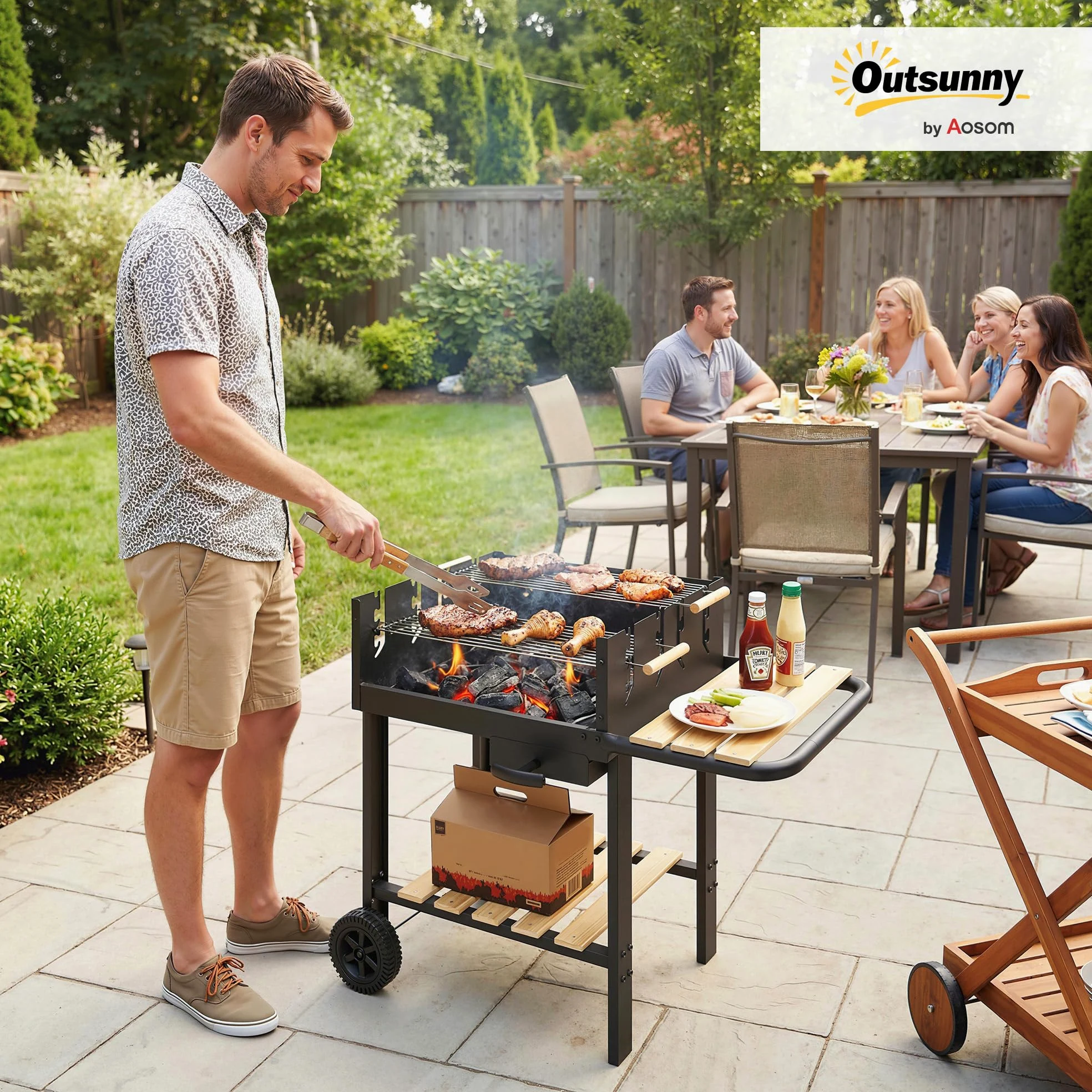 Outsunny Barbecue au Charbon de Bois avec 2 Grilles Réglableset 3 Accessoires, Chariot à Barbecue de Bois, Tablette Latérale, Récupérateur de Cendres et Roues, pour Jardin, Terrasse, Camping, Noir