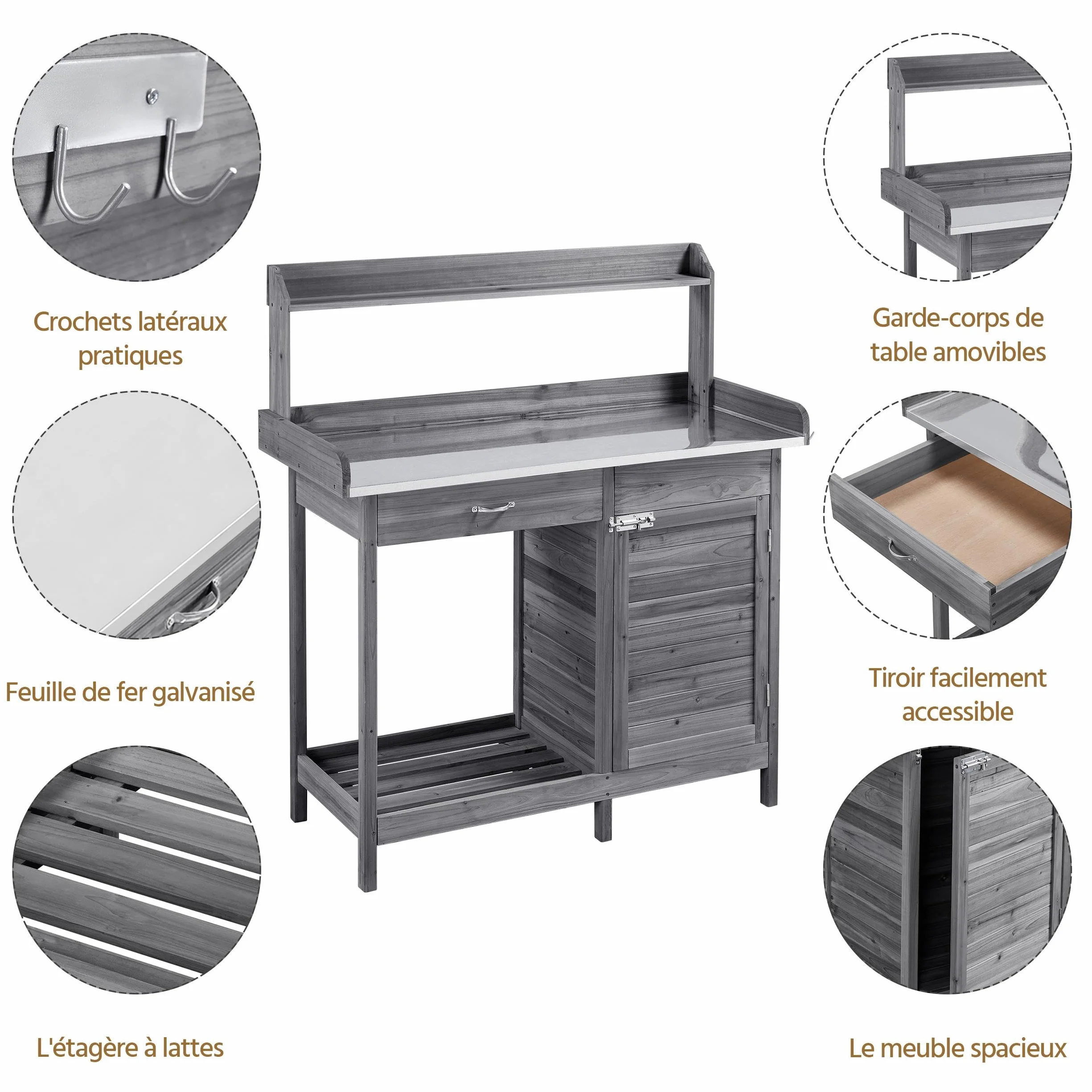 Yaheetech Table de Rempotage Jardinage avec Tiroirs Crochet Armoires Rangement Métallique Galvanisé Gris