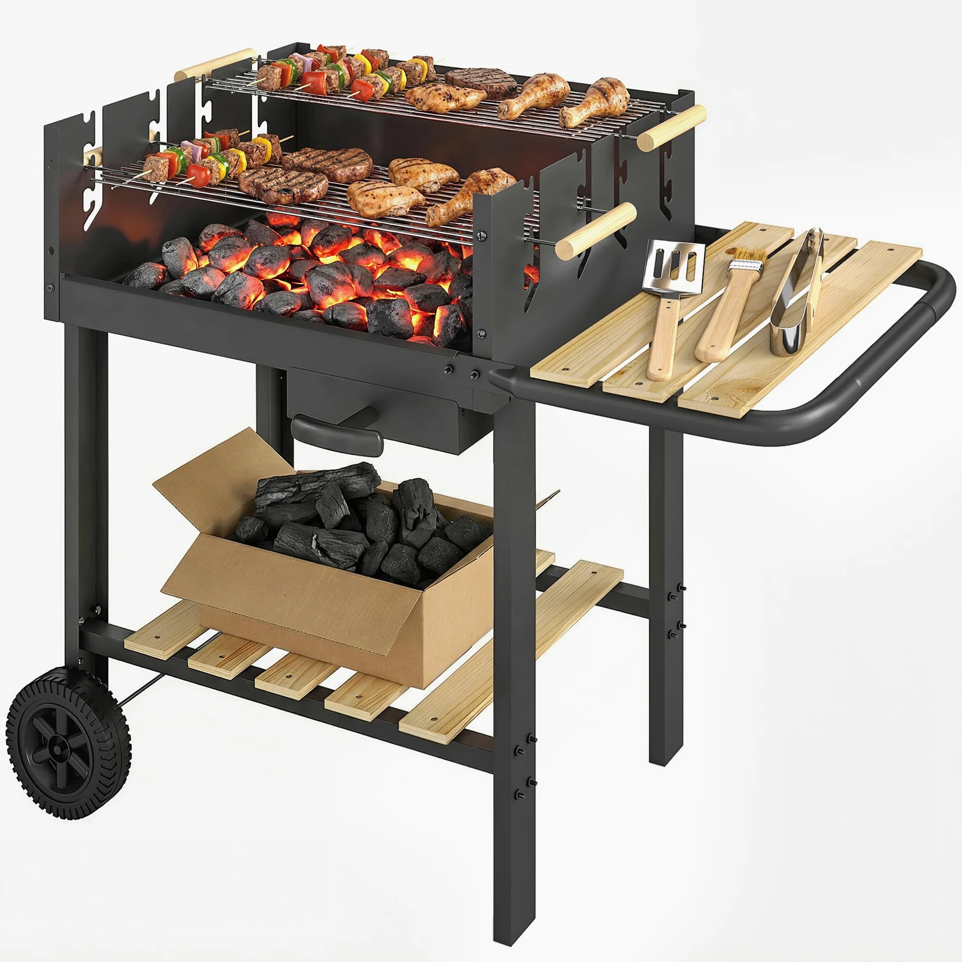 Outsunny Barbecue au Charbon de Bois avec 2 Grilles Réglableset 3 Accessoires, Chariot à Barbecue de Bois, Tablette Latérale, Récupérateur de Cendres et Roues, pour Jardin, Terrasse, Camping, Noir