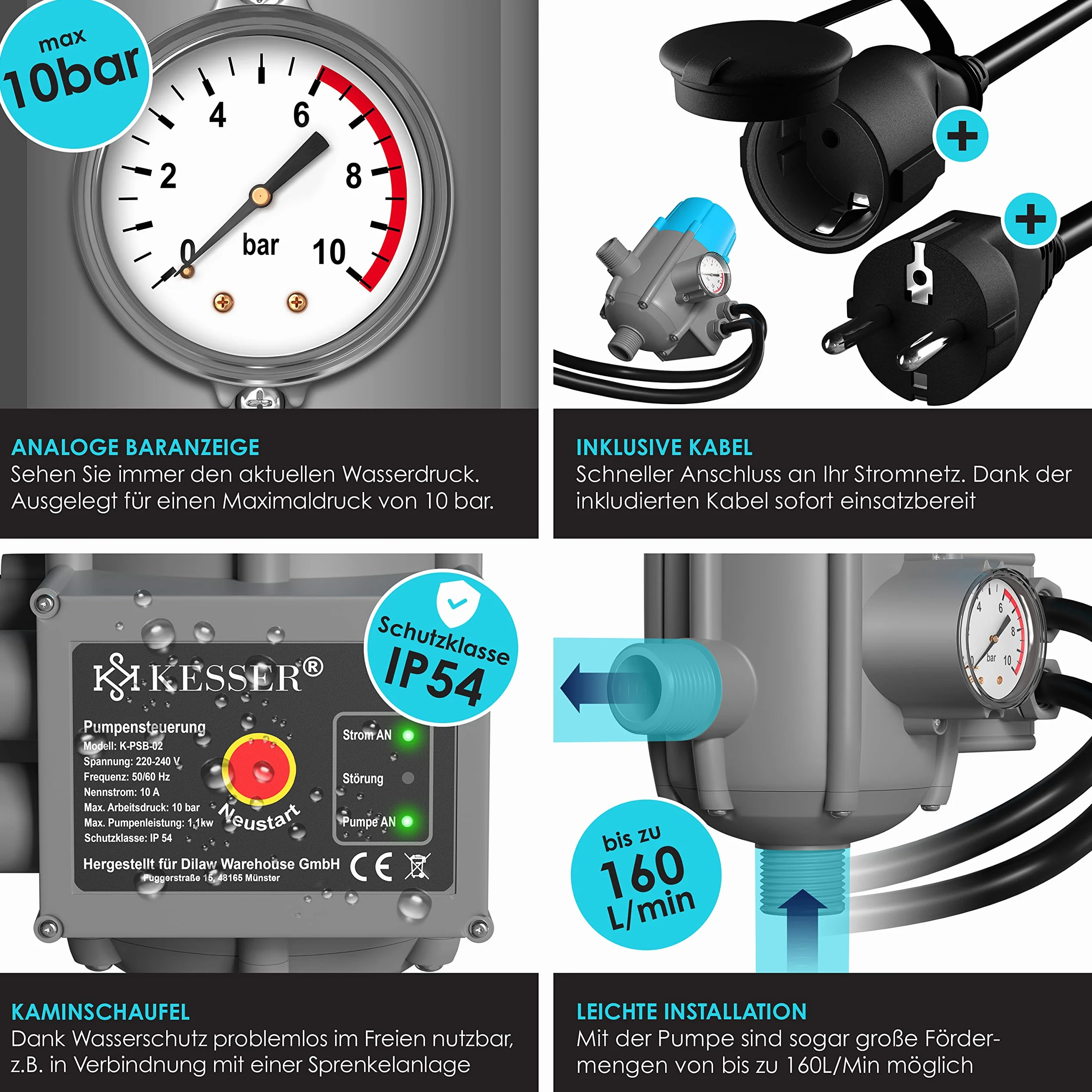 KESSER Pressostat 10 bar Commande de pompe avec indicateur et câble