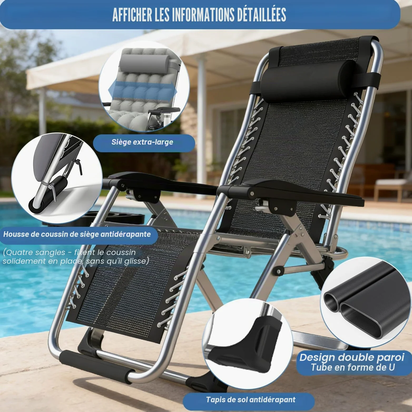 Fiutazge Chaise Longue Pliable Jardin 72cm,Dossier Réglable,Capacité 240kg,avec Coussin, Appui-tête, Porte-Boisson, Repose-Pieds et Housse,Transat de Jardin pour Terrasse,Balcon,Piscine,Camping-Gris
