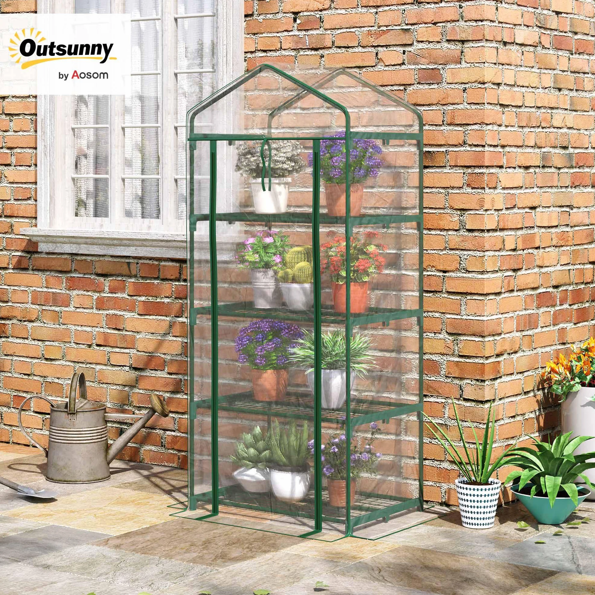 Outsunny Serre de Jardin PVC avec Étagères 4 Niveaux, Serre de Balcon, Bâche Renforcée 140g/m², Châssis en Acier, Porte Zippée Enroulable, pour Légumes et Plantes, Extérieur, 70x50x160cm, Transparente