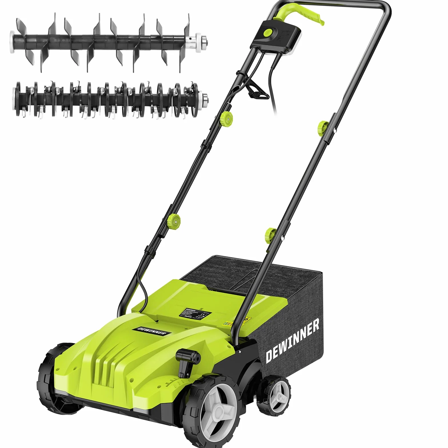 DEWINNER 1500W Scarificateur émousseur électrique, 2 en 1 Scarificateur AéRateur électrique, 3200 TR/Min, avec 2 Lames De Rechange Incluses, Bac Ramassage 30L, Profondeur Réglable-4 Profondeurs