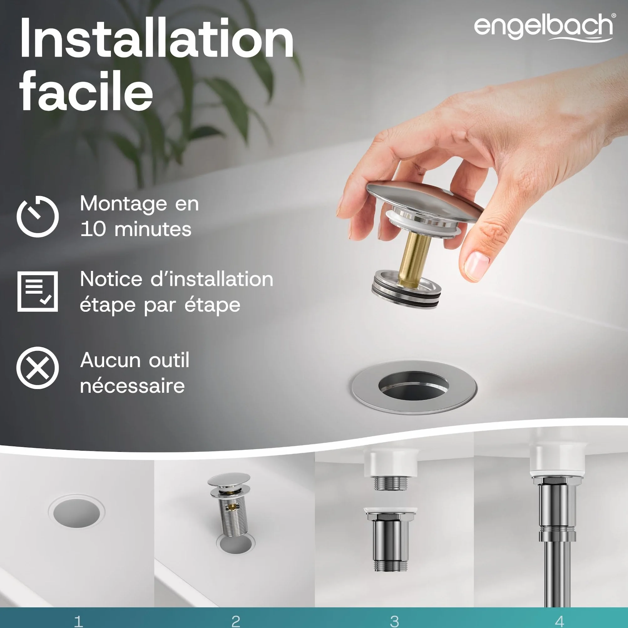 Engelbach Bonde de lavabo avec trop-plein Bouchon clic-clac 3 Joints Inclus Modèle Universel