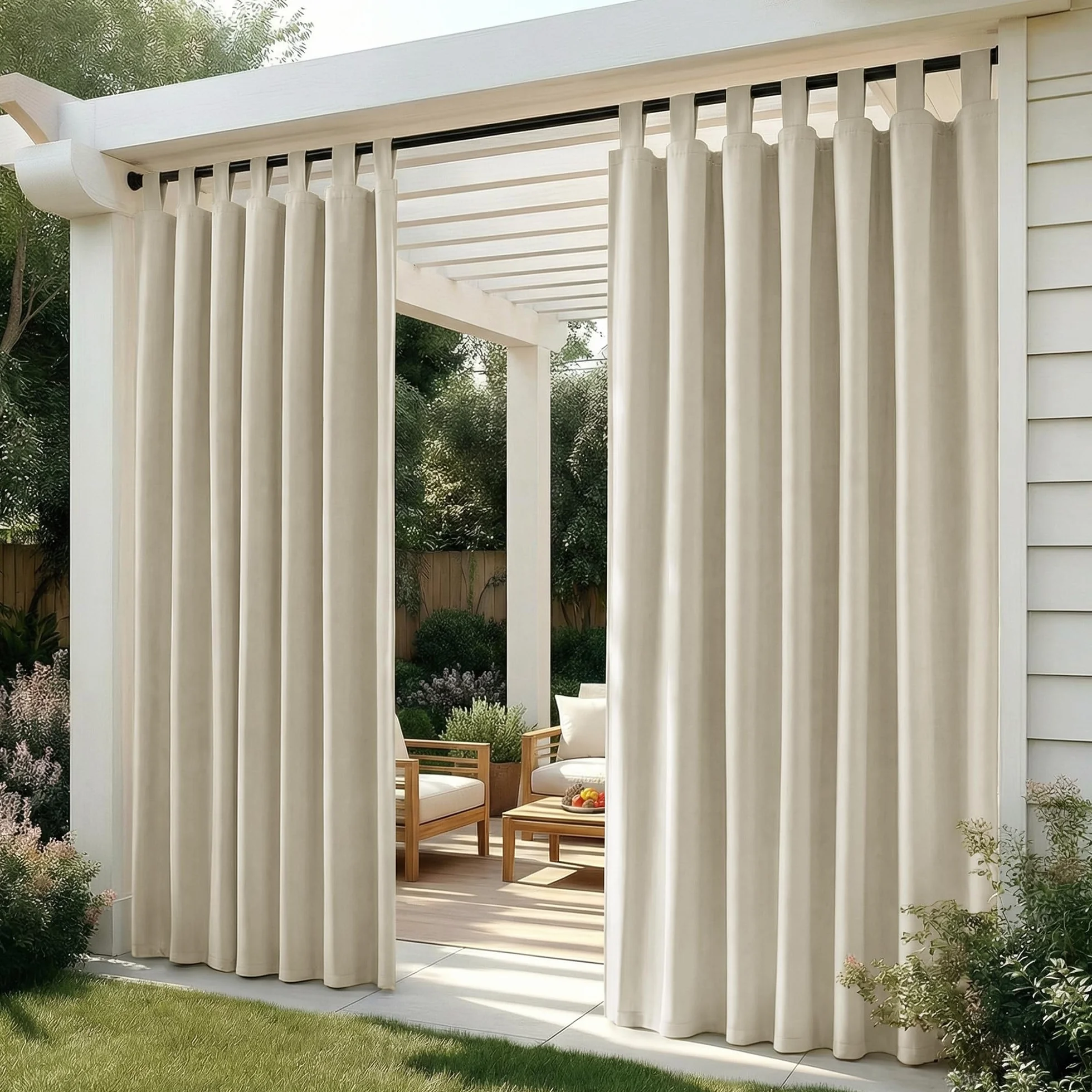 Deconovo Rideau Extérieur Imperméable Occultant Thermique 132x270 cm Beige 2 Panneaux