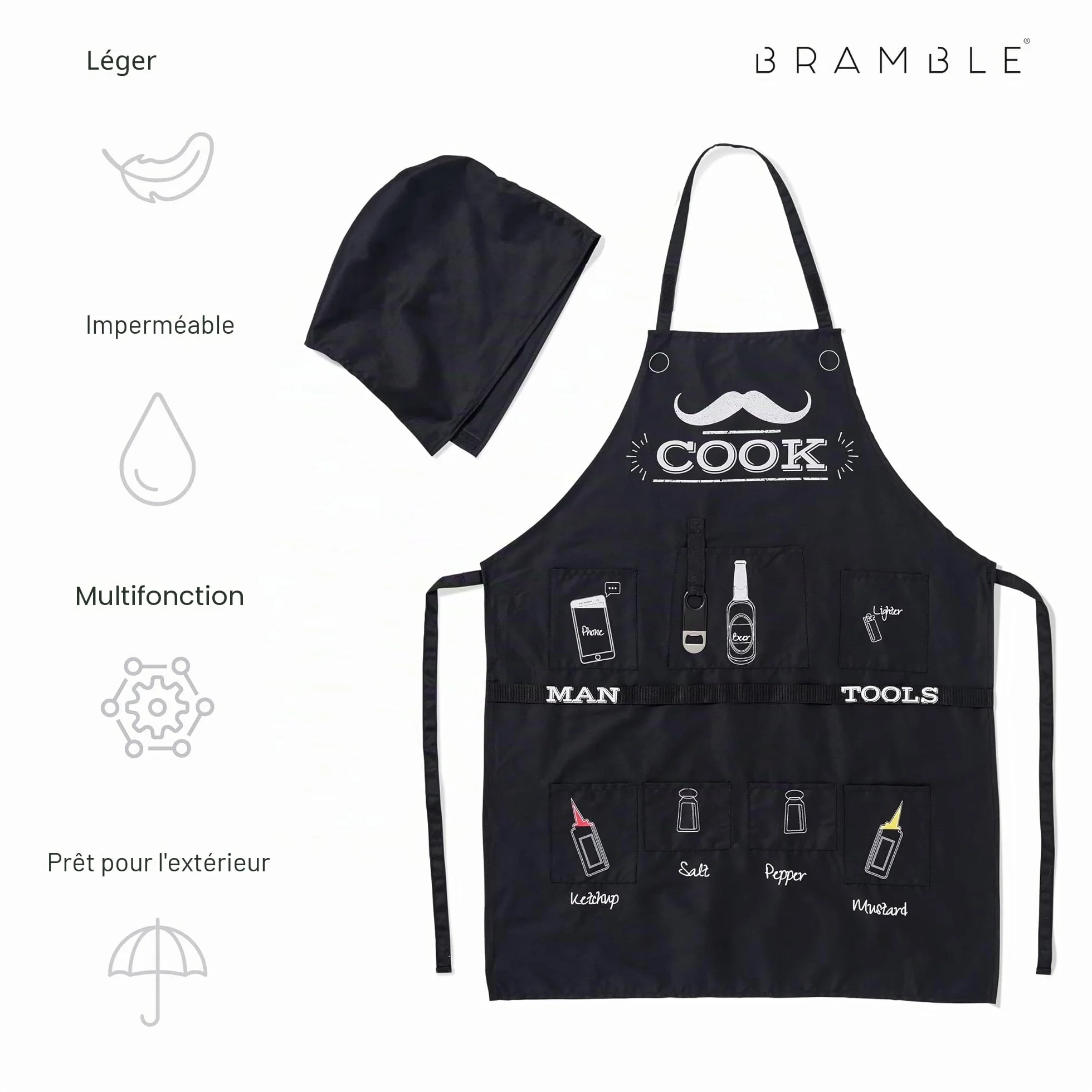 BRAMBLE Tablier BBQ Drôle pour Hommes, Tablier de Barbecue avec Capuche, 7 Poches & Décapsuleur Inclus - Cadeau Original Rigolo pour Noël, Anniversaires, Saint Valentin & Fête des Pères