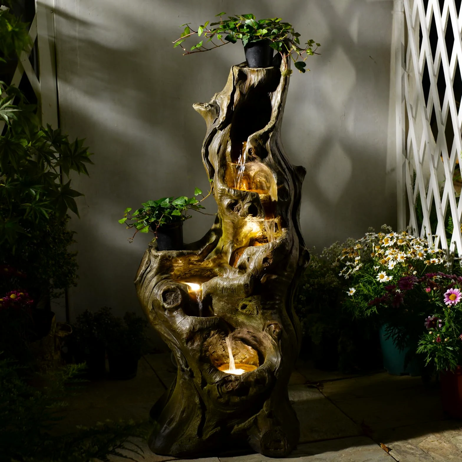 Bumilgar Caractéristiques d'eau de jardin 5 niveaux Grande cascade réaliste Tronc d'arbre naturel Fontaine extérieure en résine Imitation bois avec lumières LED pour jardin, patio, terrasse 101 CM