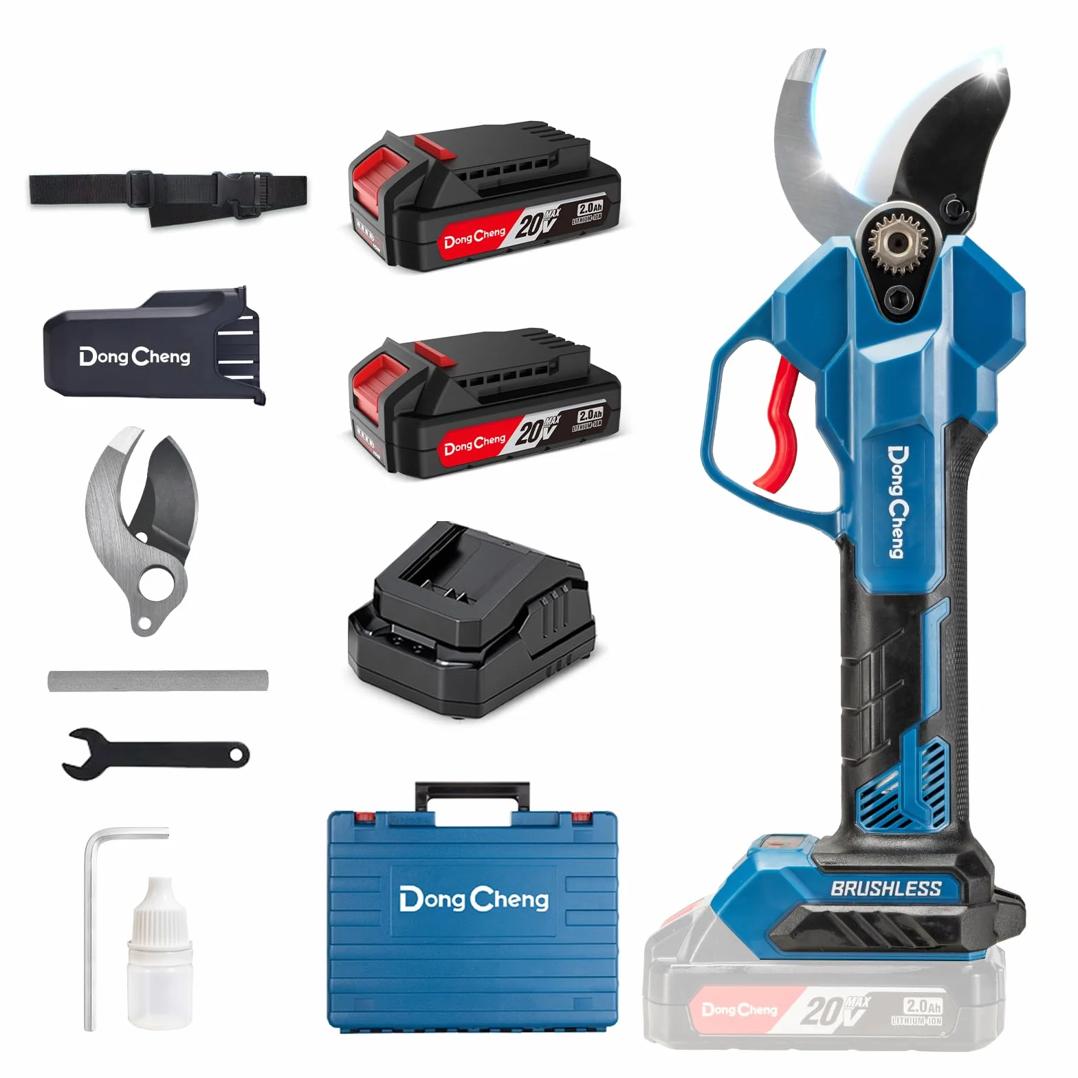 Dong Cheng Sécateur Électrique Sans Fil 20V, 4 Niveaux de Coupe Jusqu'à 35 mm, Lame SK5 avec 2 Batteries 2.0Ah, Sécateur de Jardin Professionnel à Moteur Sans Balais pour Jardin, Branche et Arbuste
