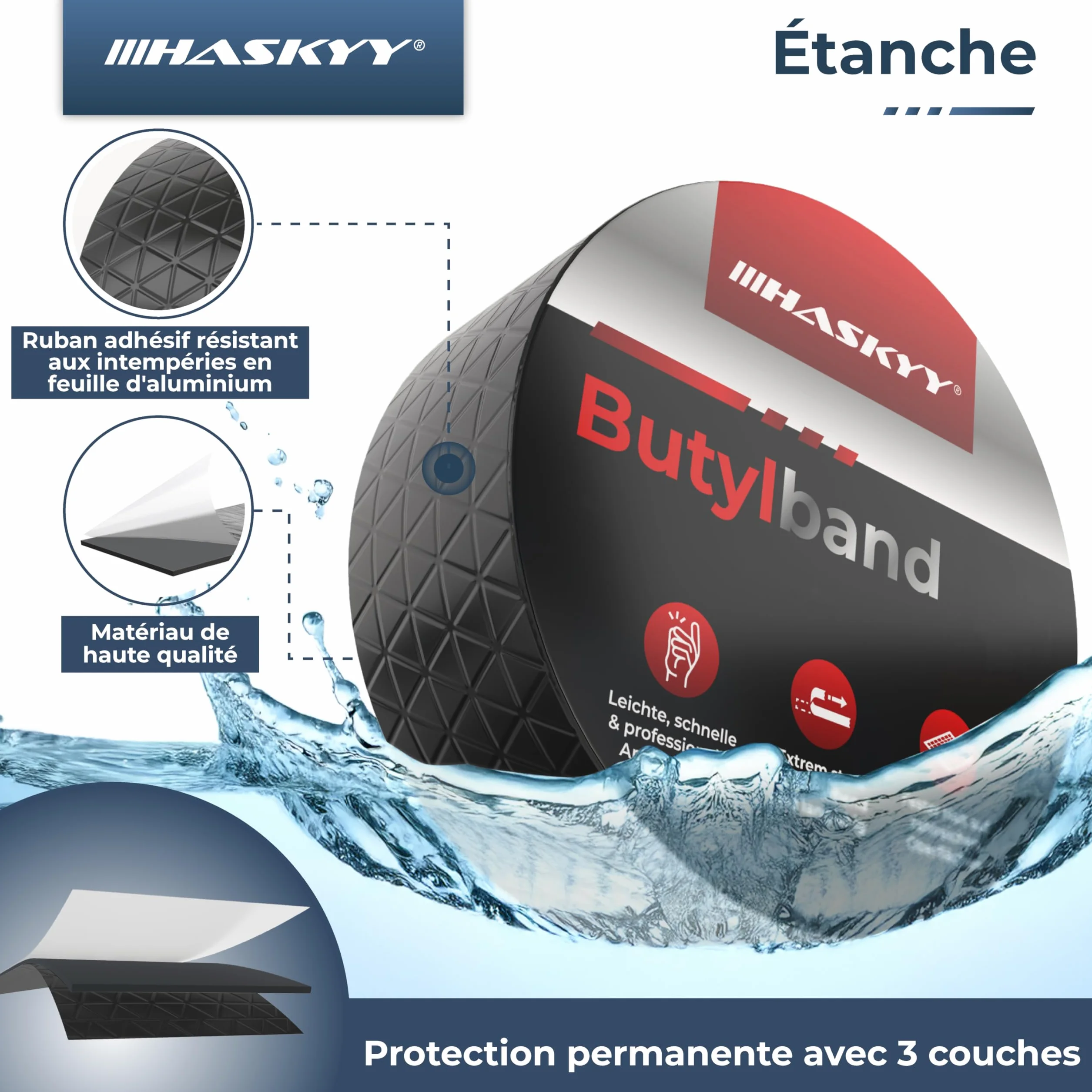 HASKYY Ruban d'étanchéité en butyle 50mm x 5m Adhésif Bande étanche aluminium Imperméable Réparation Noir