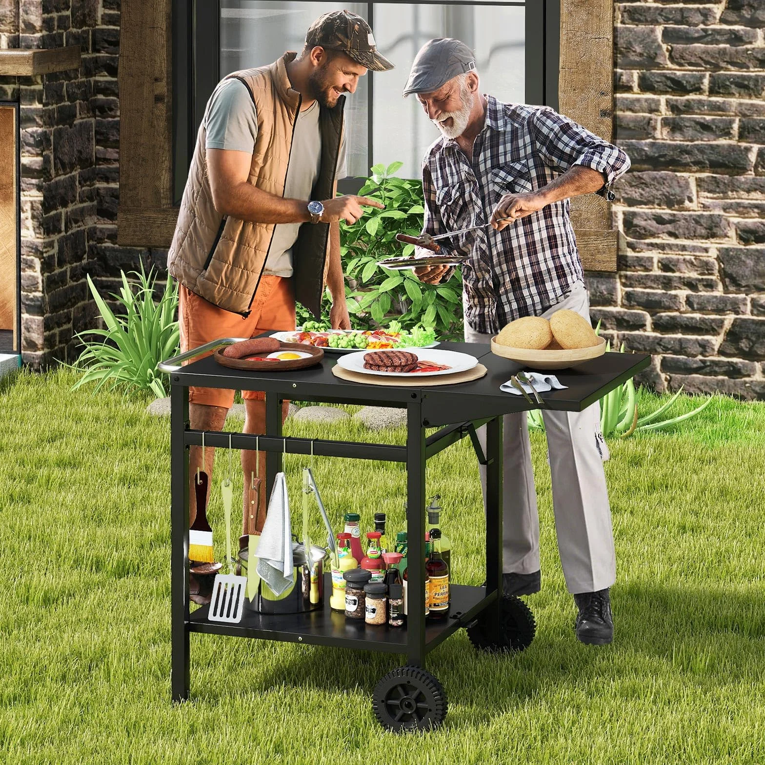 GOPLUS Desserte Jardin Chariot Barbecue avec 2 Roues, Plateau Pliant, 96,5x64x75cm, Noir