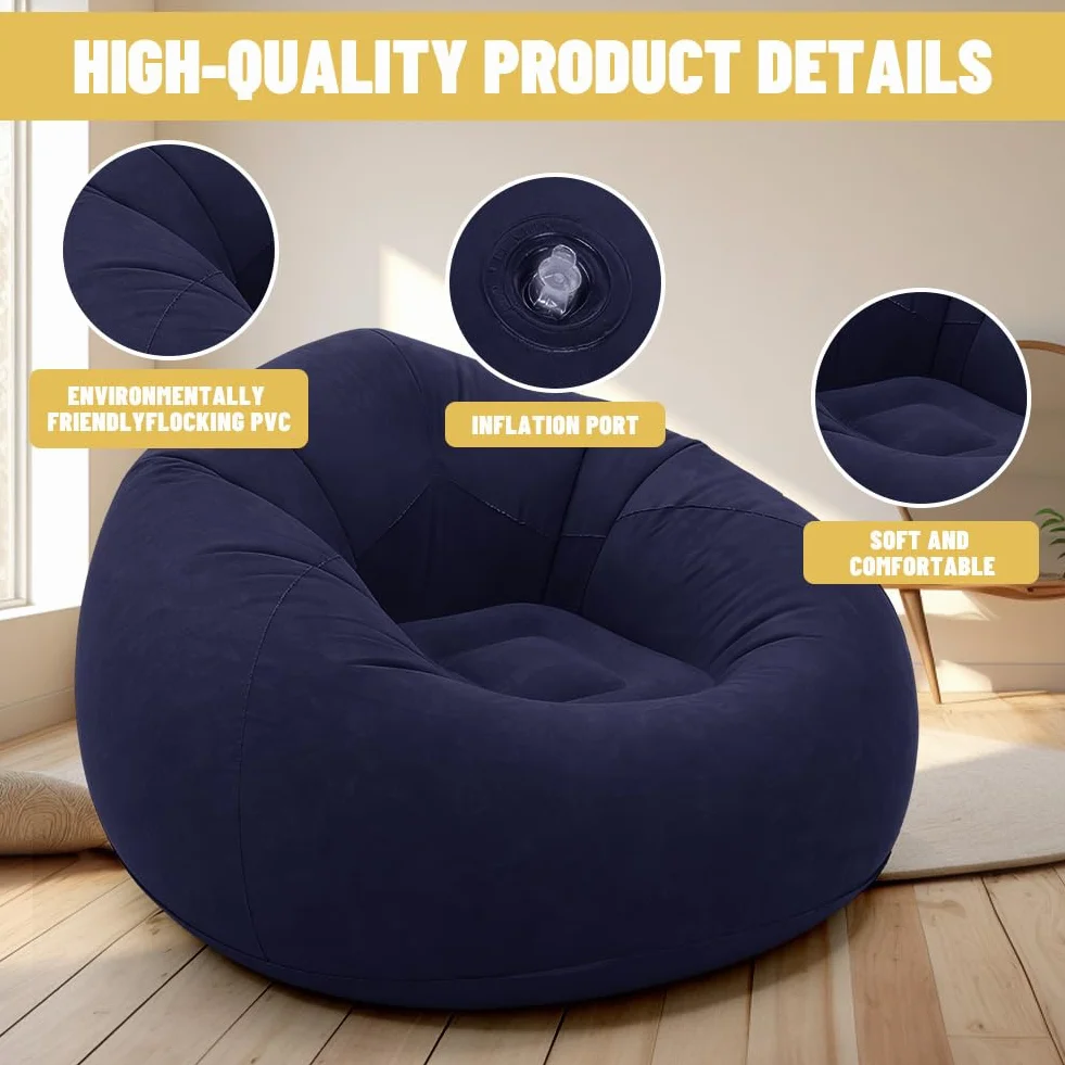 Canapé gonflable en PVC - Pouf simple - Pouf d'extérieur pliable - Fauteuil boule gonflable - Fauteuil de salon léger - Bleu