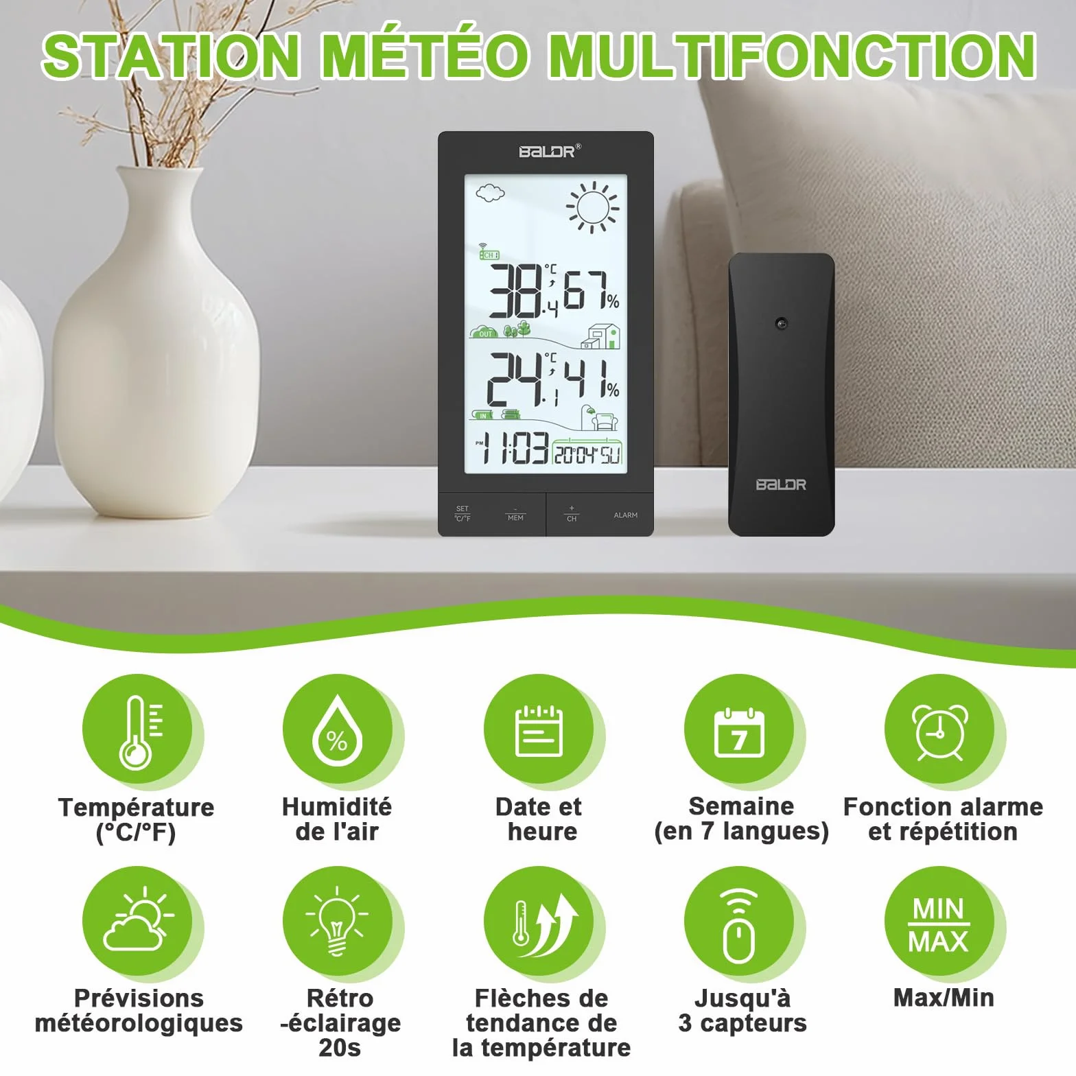 Station Météo Sans Fil Écran LCD 6,0' Capteur Extérieur Thermomètre Hygromètre Prévisions Réveil Noir
