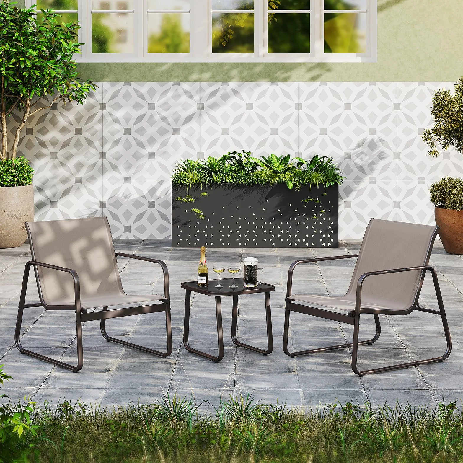 GOPLUS Salon de Jardin 2 Personnes, 3 Pièces Table Basse avec 2 Fauteuils, Cadre Métallique