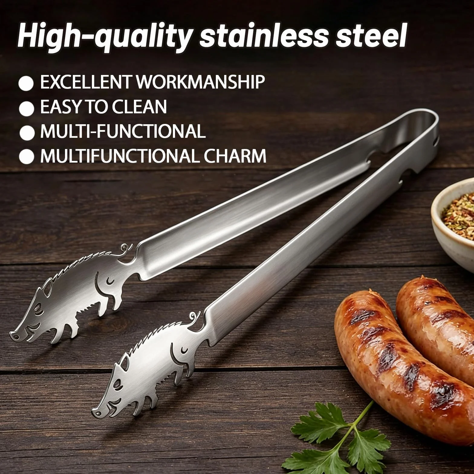 Pince à Barbecue en Acier Inoxydable avec Motif Cochon, Pince à Saucisses Personnalisée de 30 cm, Pince de Cuisine pour Grillades,Résistant à la Rouille