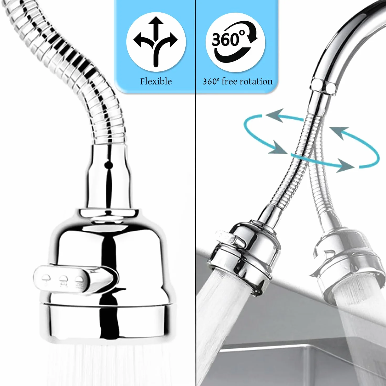 Mousseur robinet cuisine économie eau 3 modes acier inox flexible brise jet aérateur