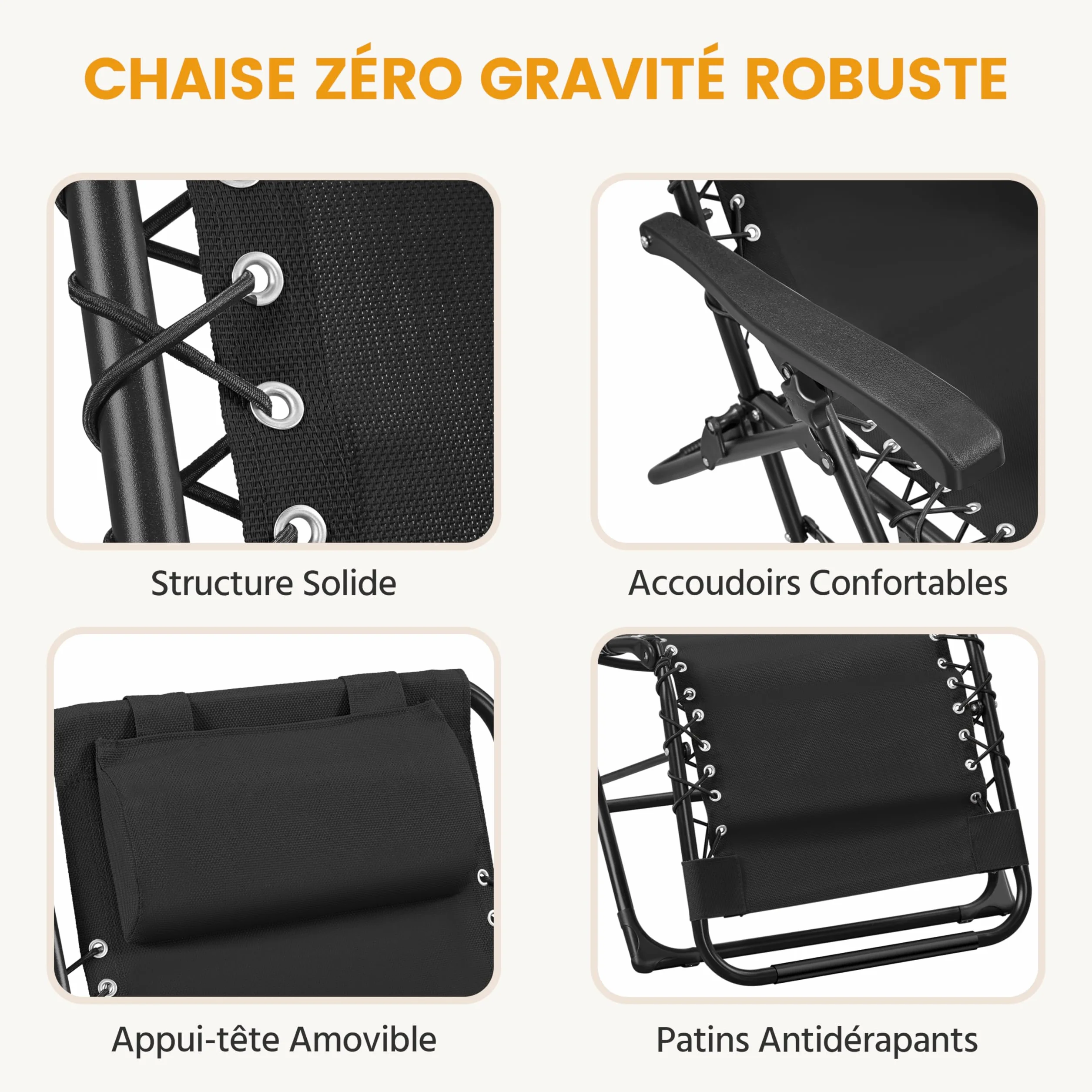 Transat en Textilène avec Plateau Amovible, Lot de 2 Chaise Longue Pliante Zéro Gravité Inclinable, Fauteuil Relax pour Bain de Soleil, Charge 114kg Noir
