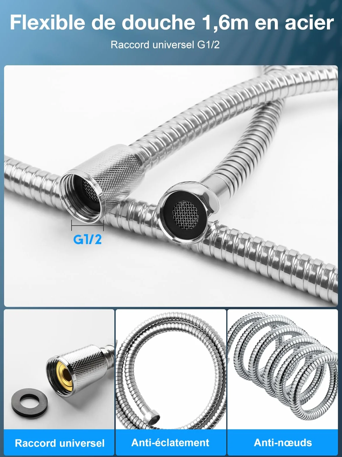 YEAUPE PRO Pommeau de Douche Anti calcaire Grand 130mm avec tuyau 1,6M, Haute Pression Chrome