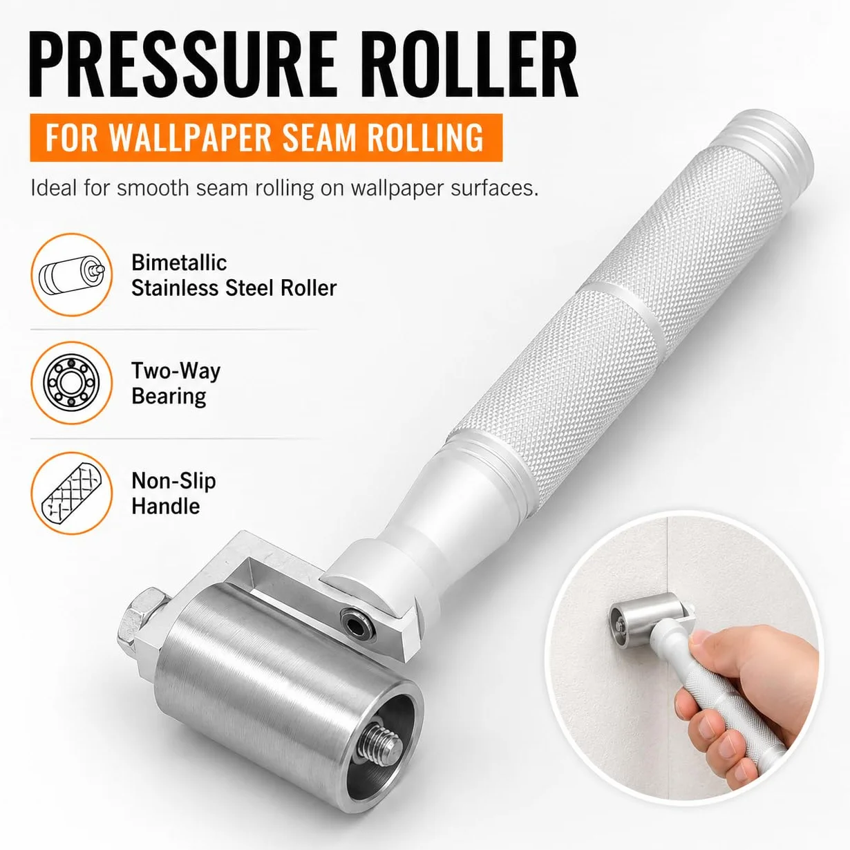 VOBOR Rouleau de Pression Plat Acier Inoxydable 40mm, Outil Marouflage Joint Papier Peint