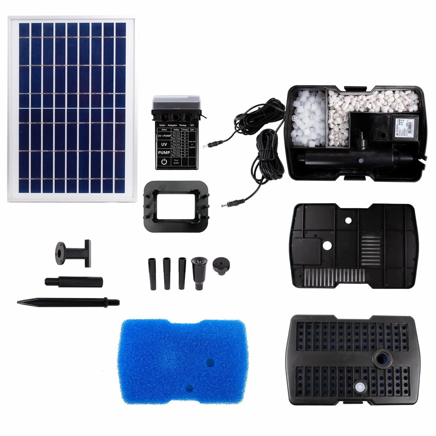 AMUR Kit Pompe Fontaine Solaire de Bassin avec Bac de Filtration UV Anti-Algues, Batterie Li-ion, Panneau Solaire Cadre Alu Robuste (Aqua-vital 9-uv-c)