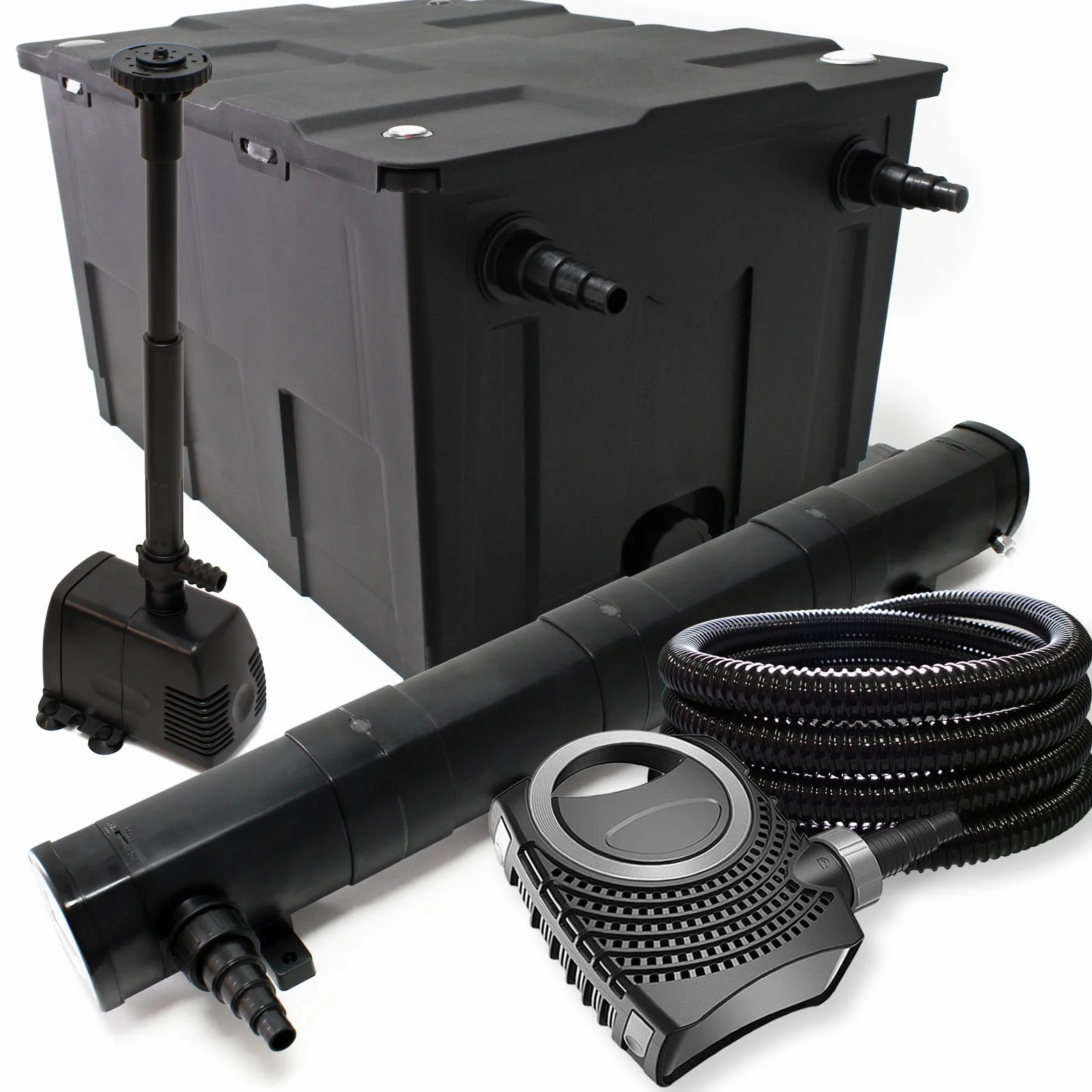 Wiltec Kit complet CBF-550 Filtre de bassin 60000 L NEO10000 pompe filtration 10000l/h 80W CUV-272 lampe UV 72W 25m Tuyau 25 mm HJ-943 fontaine 800l/h 16W