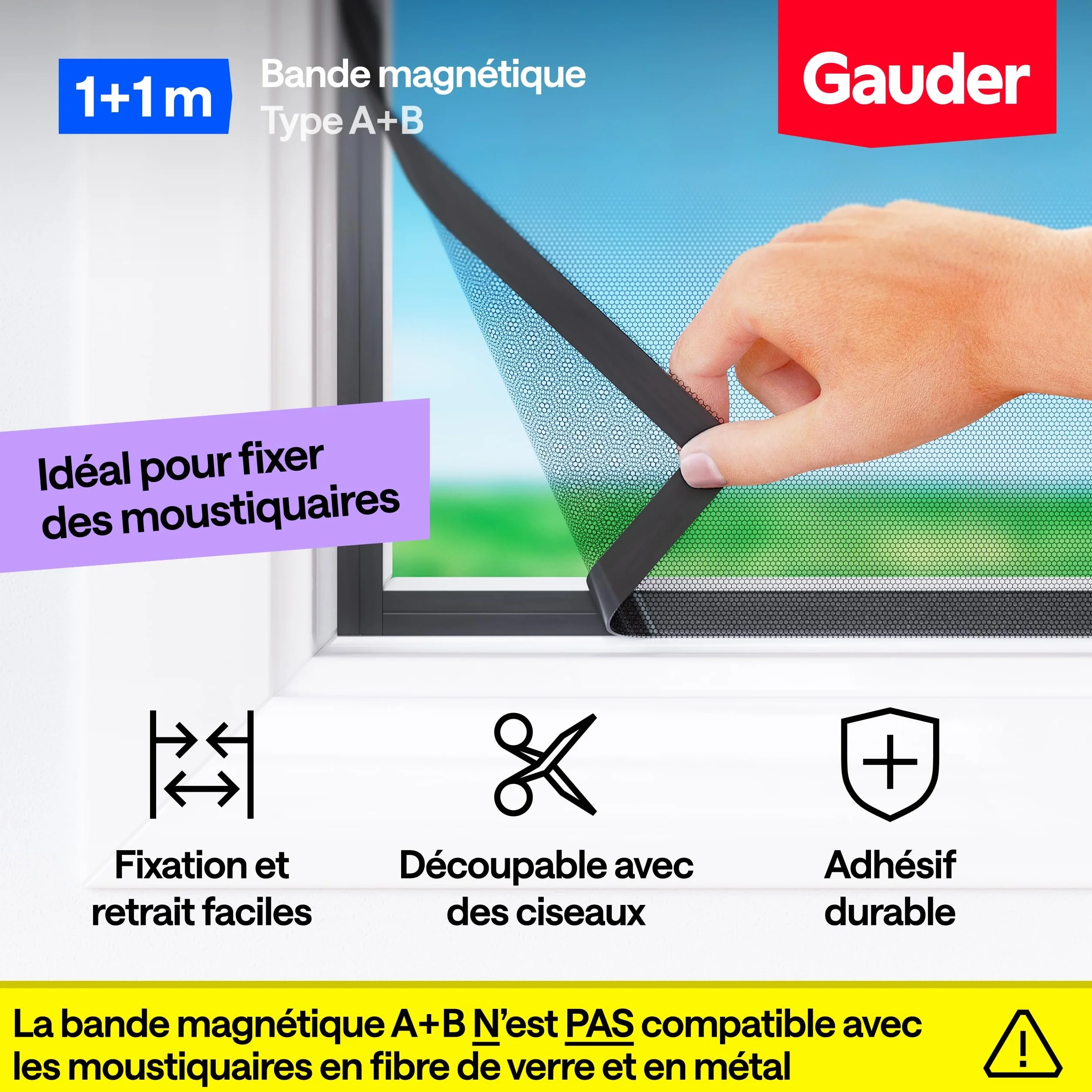 GAUDER Bande Magnétique A+B pour Moustiquaires (1+1 m) - Bandes Autocollantes Forte Attraction