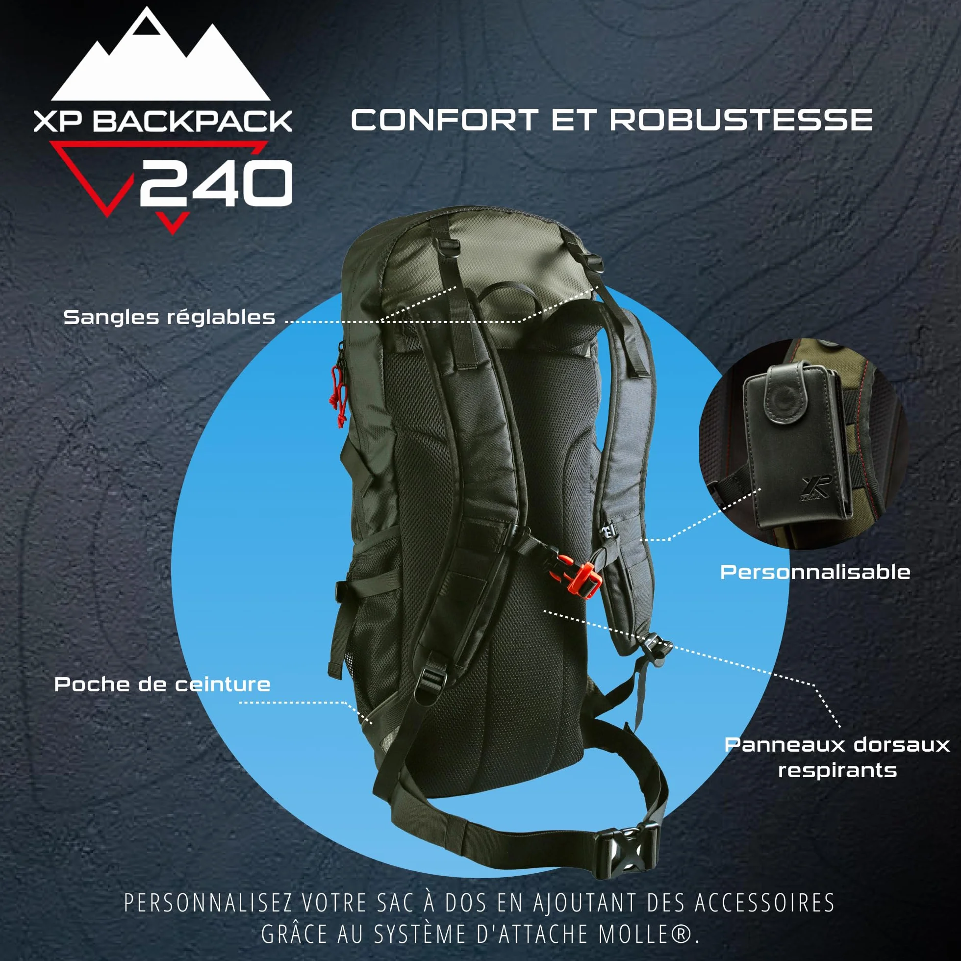 XP Metal Detectors Backpack240, Sac à Dos léger et Robuste conçu spécialement pour détecteur de métaux, Ergonomique et Pratique avec Plus de 8 Pochettes et Compartiments dédiées (XPBACKPACK240)