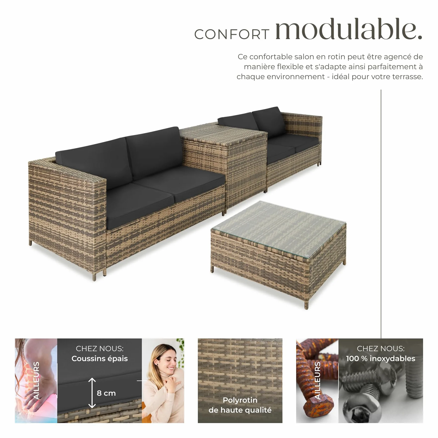 tectake® Ensemble Salon de Jardin Exterieur en Poly Rotin 4 Personnes, 2 Canapés modulables, Coffre de Rangement et Table de Jardin en Verre Inclus, Mobilier de Jardin pour Amenagement Balcon
