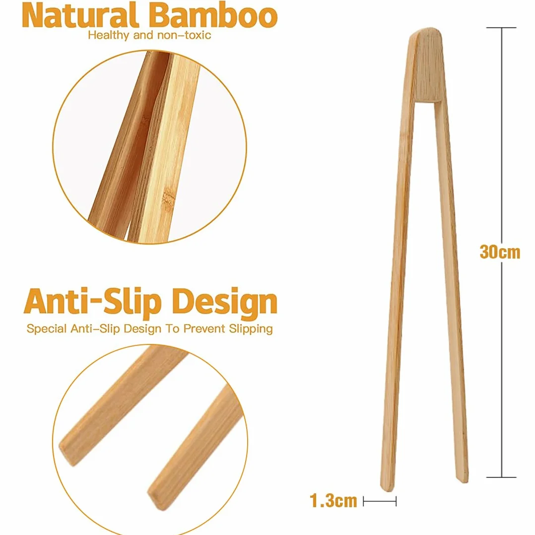 2 Pièces Pince à barbecue en bois de hêtre non traité collée，Pinces à toast classiques réutilisables en bambou，Pince de cuisson en bois, idéale pour grille-pain, fruits, pain et cornichons，30cm