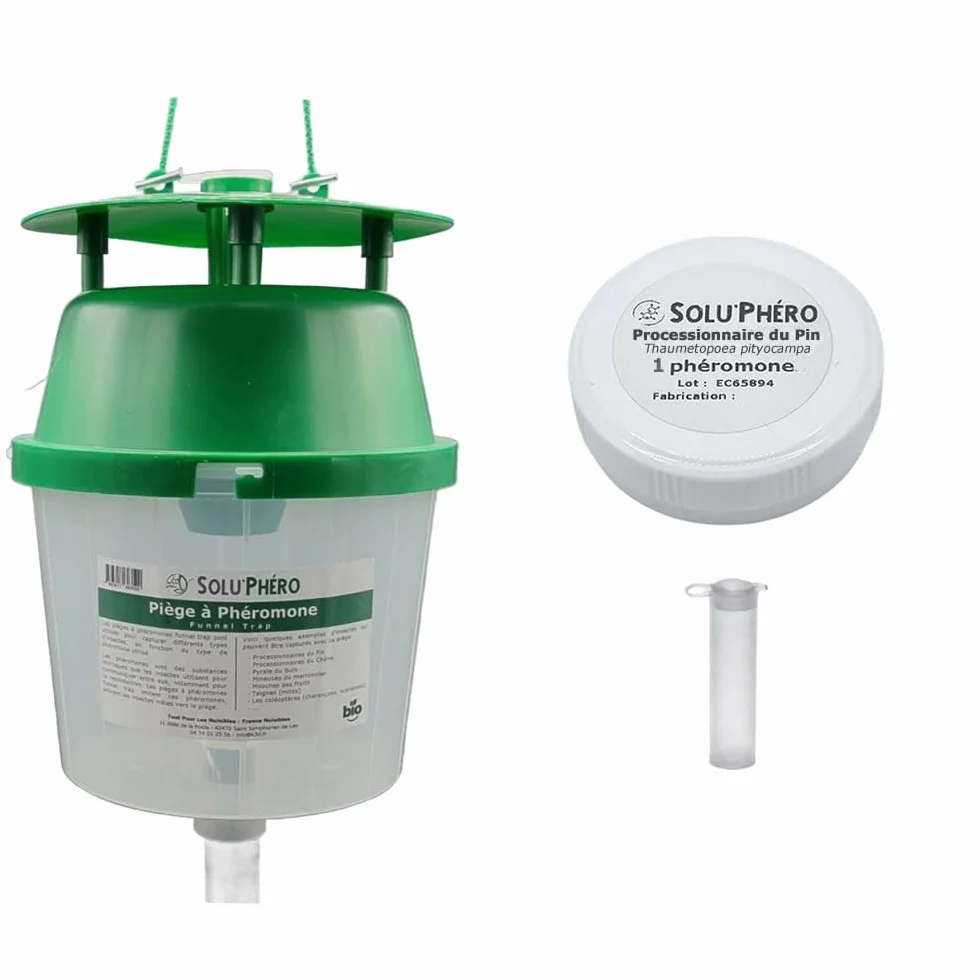 SOLUPHERO - Kit Piège Entonnoir Funnel Trap + phéromone Longue durée Contre la Chenille de la processionnaire du pin - Efficace 6 Mois (200 Jours) - Lutte Biologique - A Installer de Juin à Septembre
