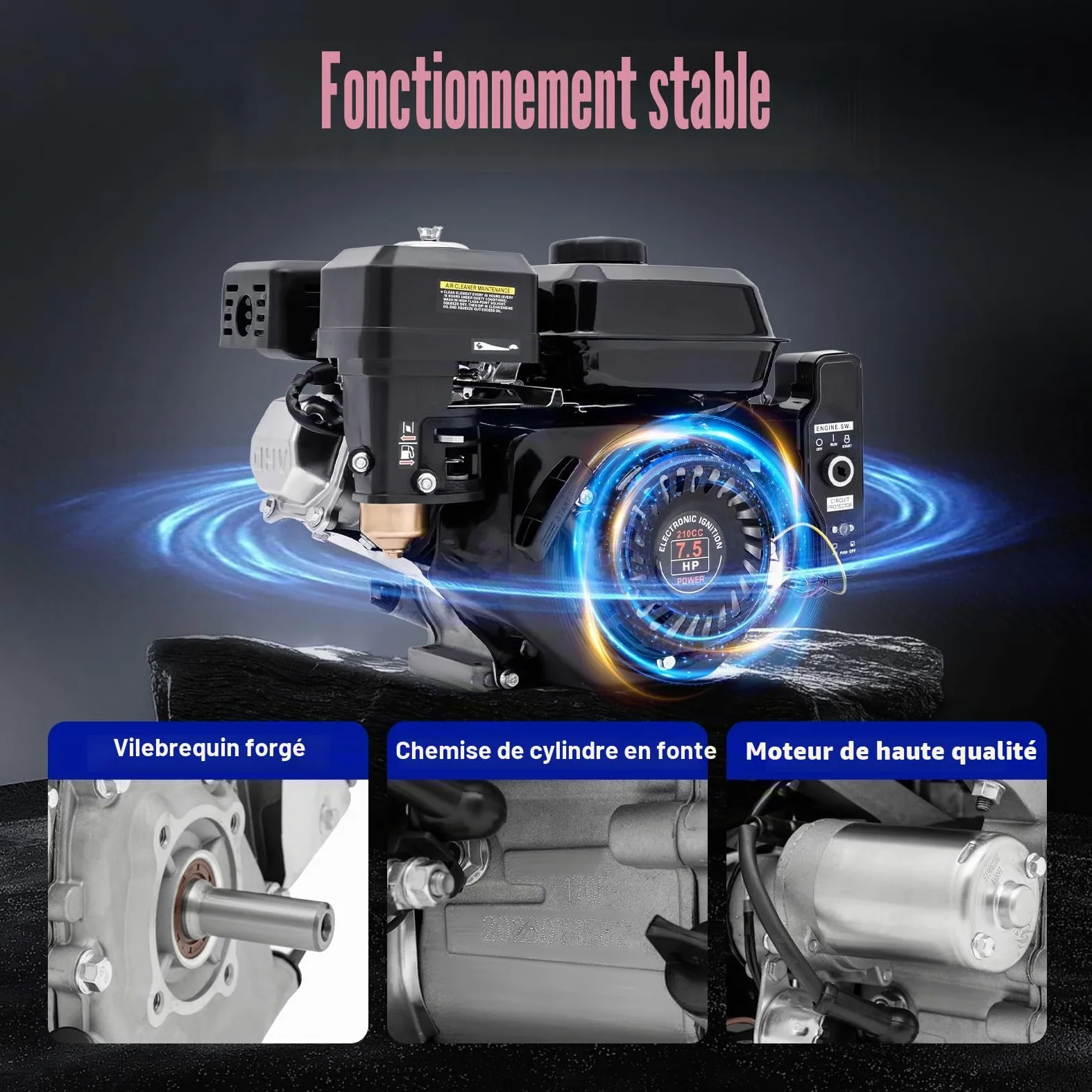 Moteur à essence 4 temps 7,5 CV avec démarreur électrique | Moteur industriel OHV 210 cc (3600 tr/min, couple 10,8 Nm) pour nettoyeur/générateurs haute pression, système de protection refroidi par air
