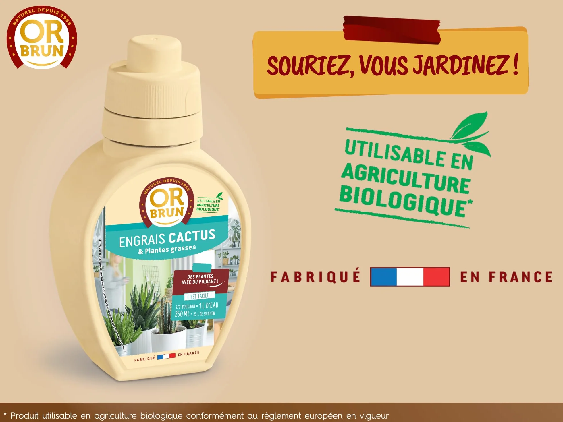 OR BRUN Engrais Cactus & Plantes Grasses - 250ml - Enrichit Les Plantes - Fabriqué En France - Utilisable En Agriculture Biologique OBRECLCACTUS250