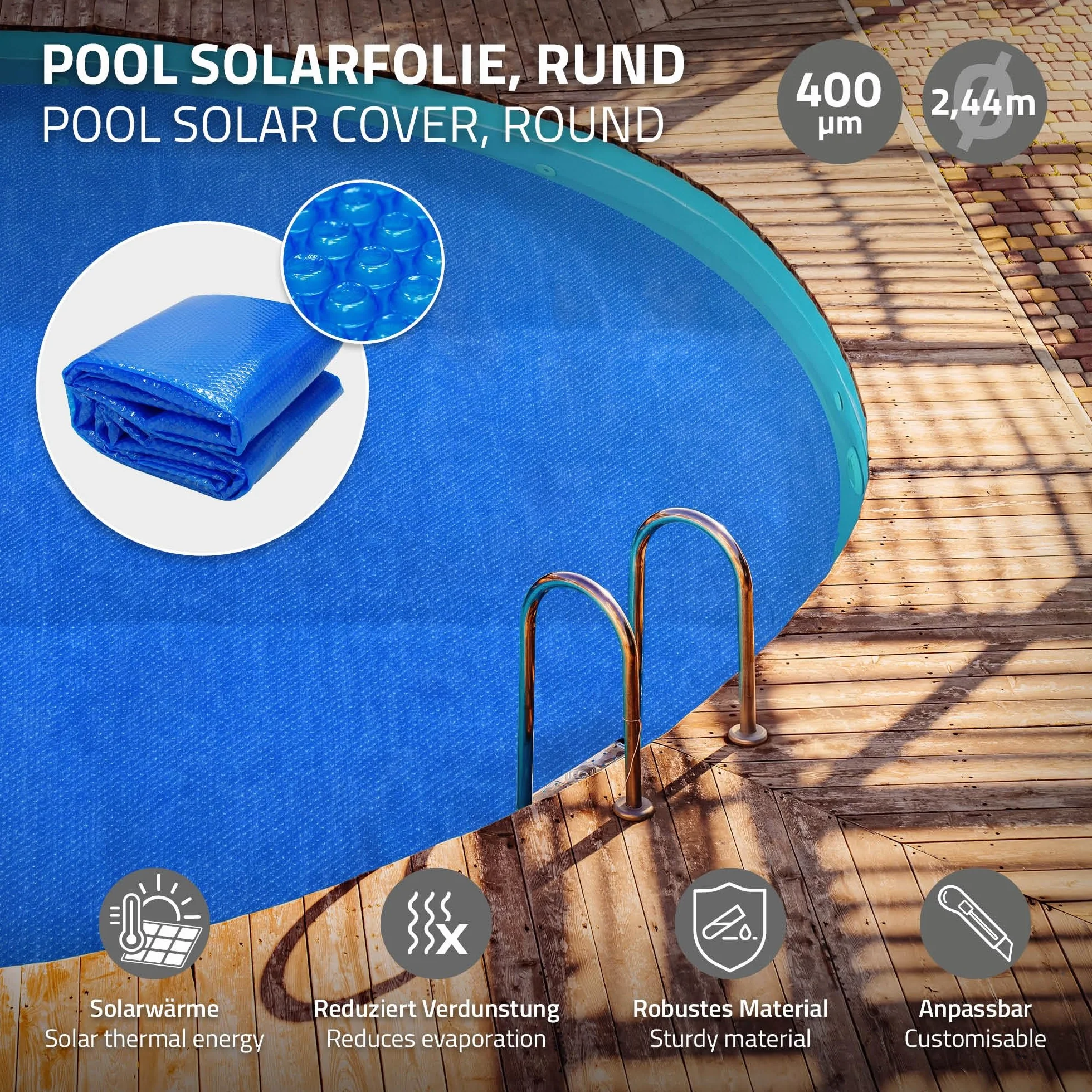 ECD Germany Bâche Solaire de Piscine Ronde Ø 244 cm Bleue, Épaisseur 400µm, Film à Bulles Découpable