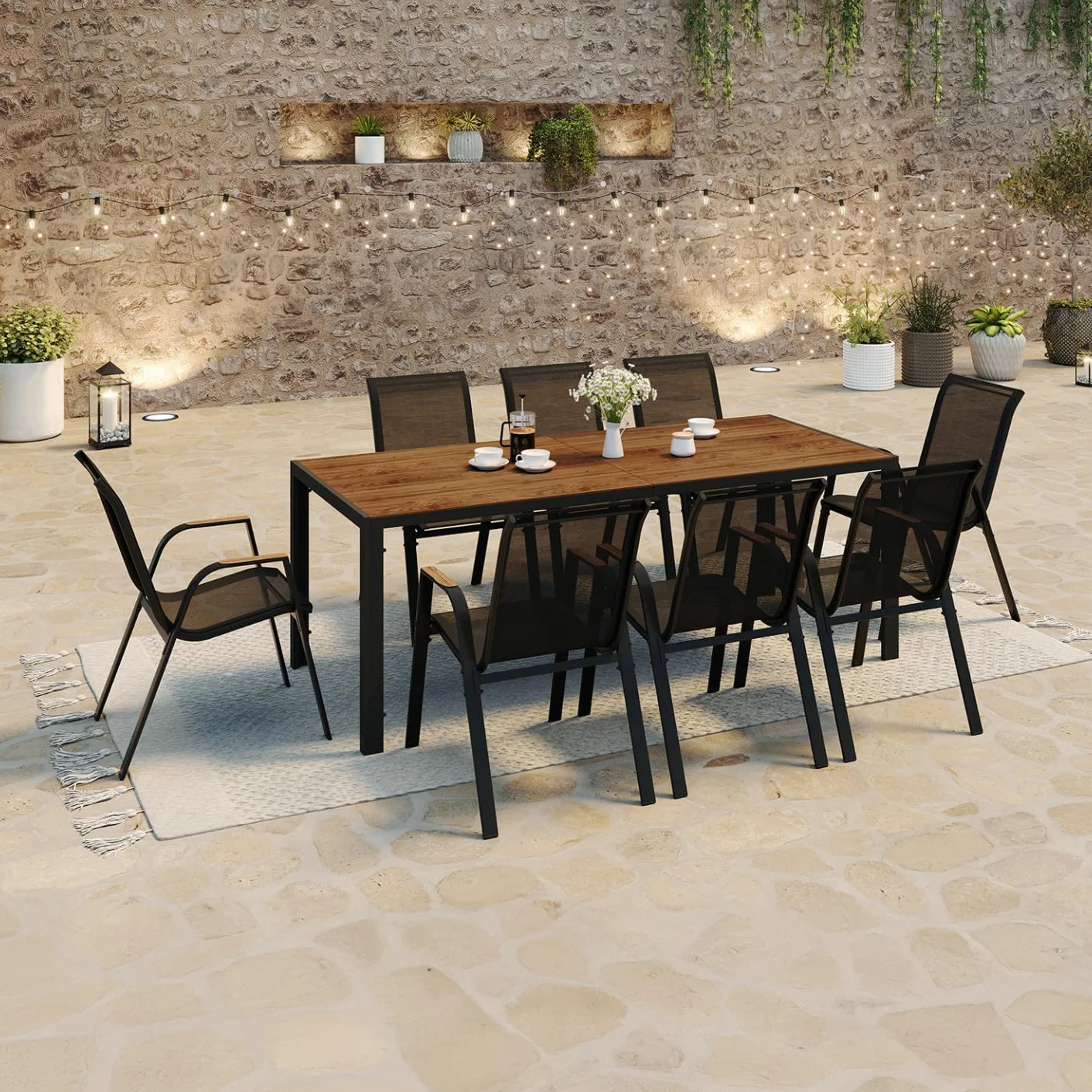 IDMarket - Salon de Jardin NOUMEA Table 190 cm Plateau Verre trempé Effet Bois et 8 chaises empilables Noir et Bois