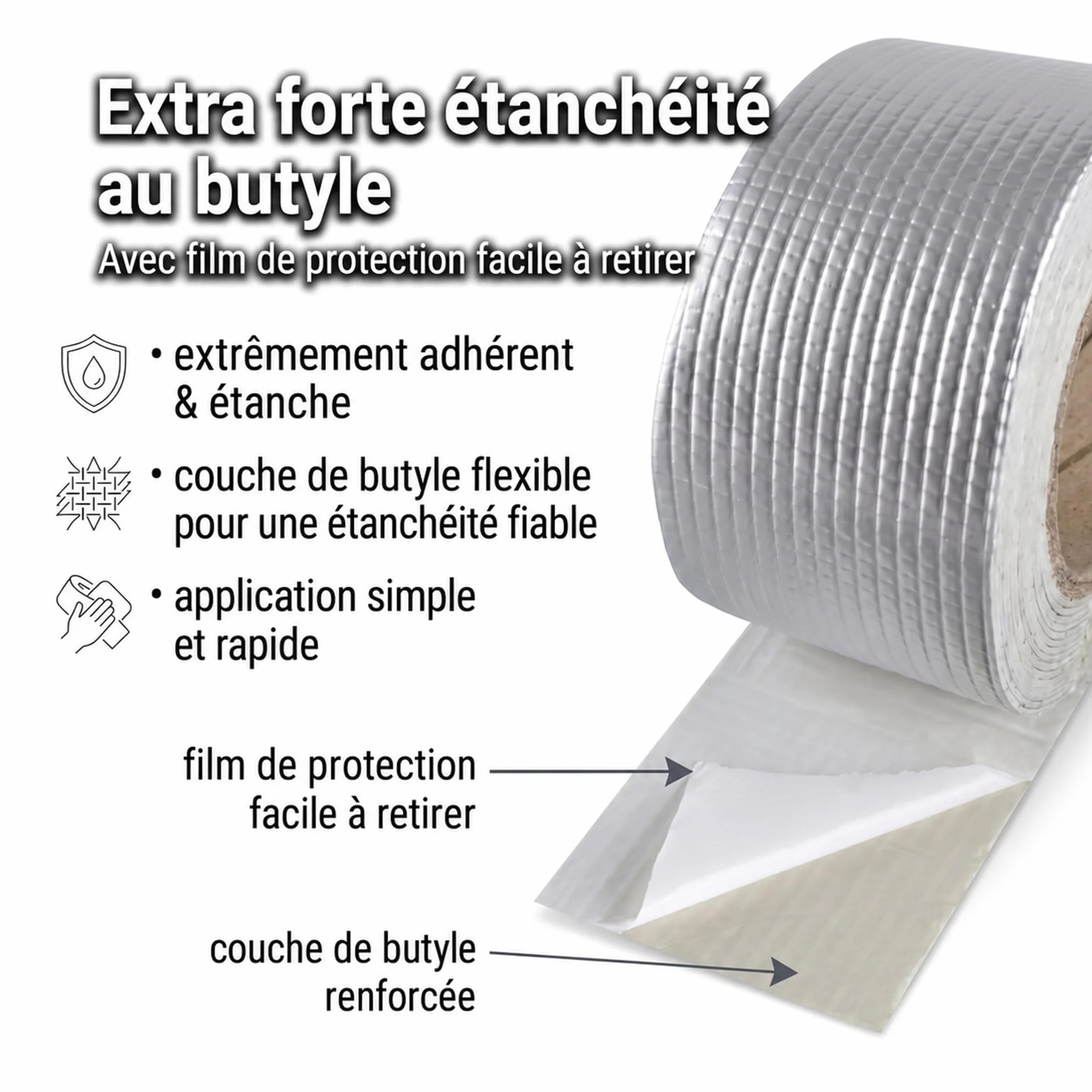 Ruban adhésif butyle étanche 2,5 cm x 5 m pour toitures, murs, fenêtres