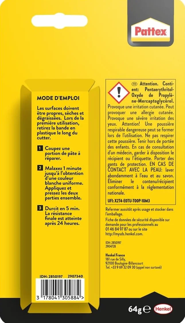 Pattex Pâte à réparer multi-usages 64 g – Pâte epoxy bi-composante pour collages sur matériaux
