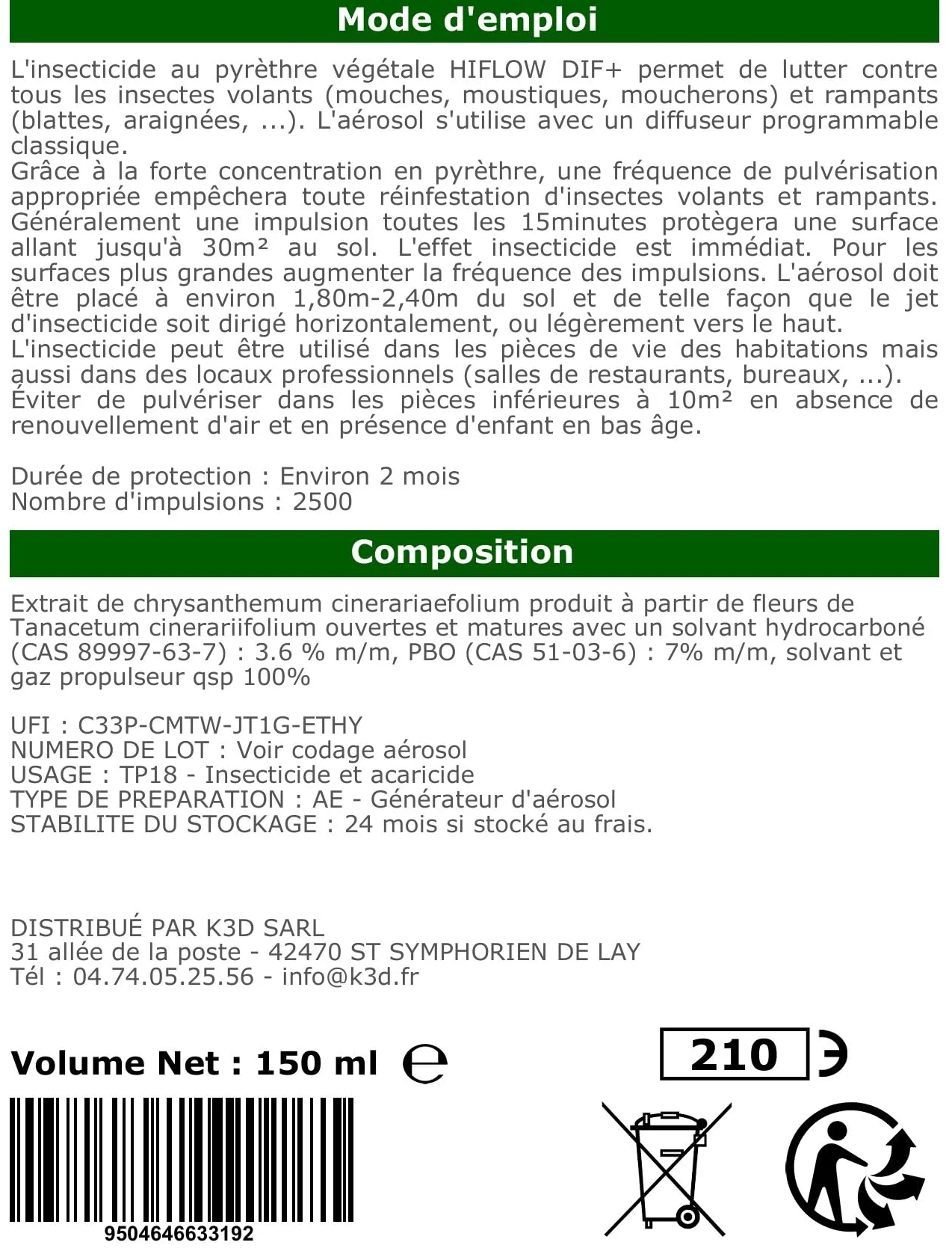 12 Aérosols Insecticide 250 ml au Pyrèthre Végétal - Compatible Diffuseur Automatique - Action Choc Contre Volants et Rampants