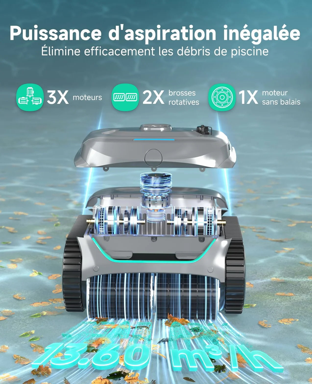 WYBOT C2 Robot Piscine sans Fil 3 Moteurs Double Filtration Autonomie 180 Min pour Piscines Enterrées Max 150㎡