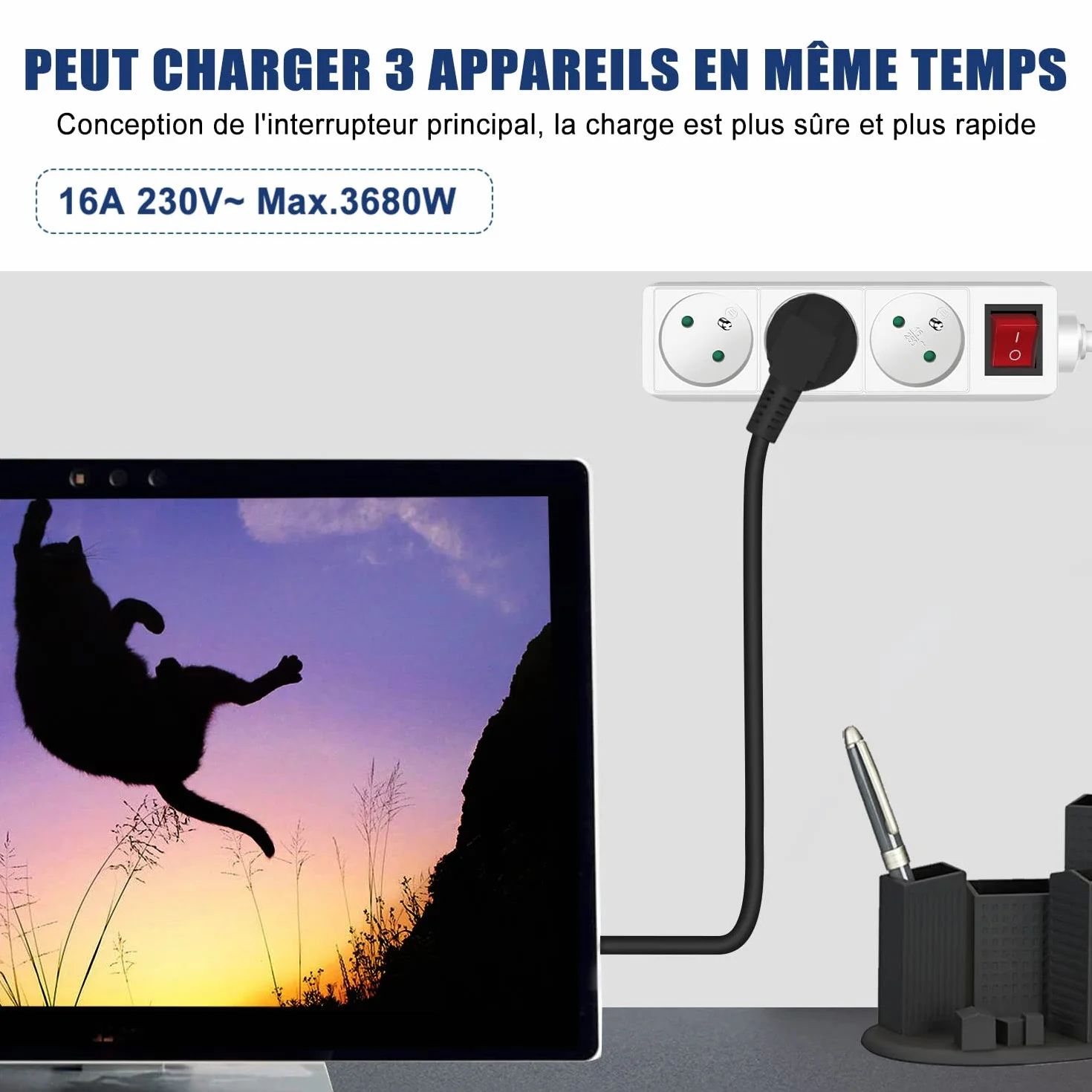 Extrastar Bloc 3 Prises avec Interrupteur Rallonge 1.5m 230 V Sécurité Enfant Blanc
