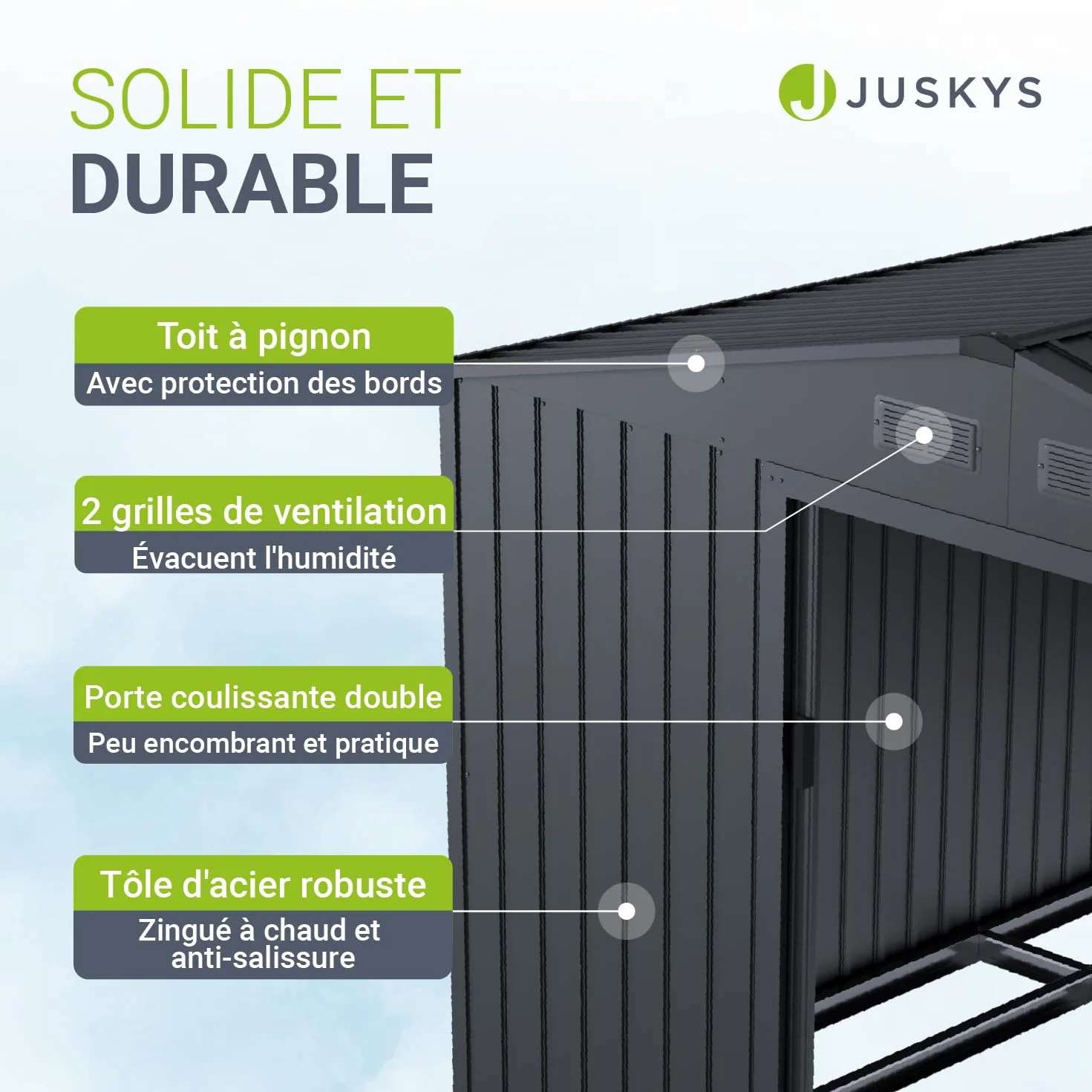 Juskys abri métallique XL gris foncé résistant aux intempéries avec cadre de fondation porte coulissante verrouillable