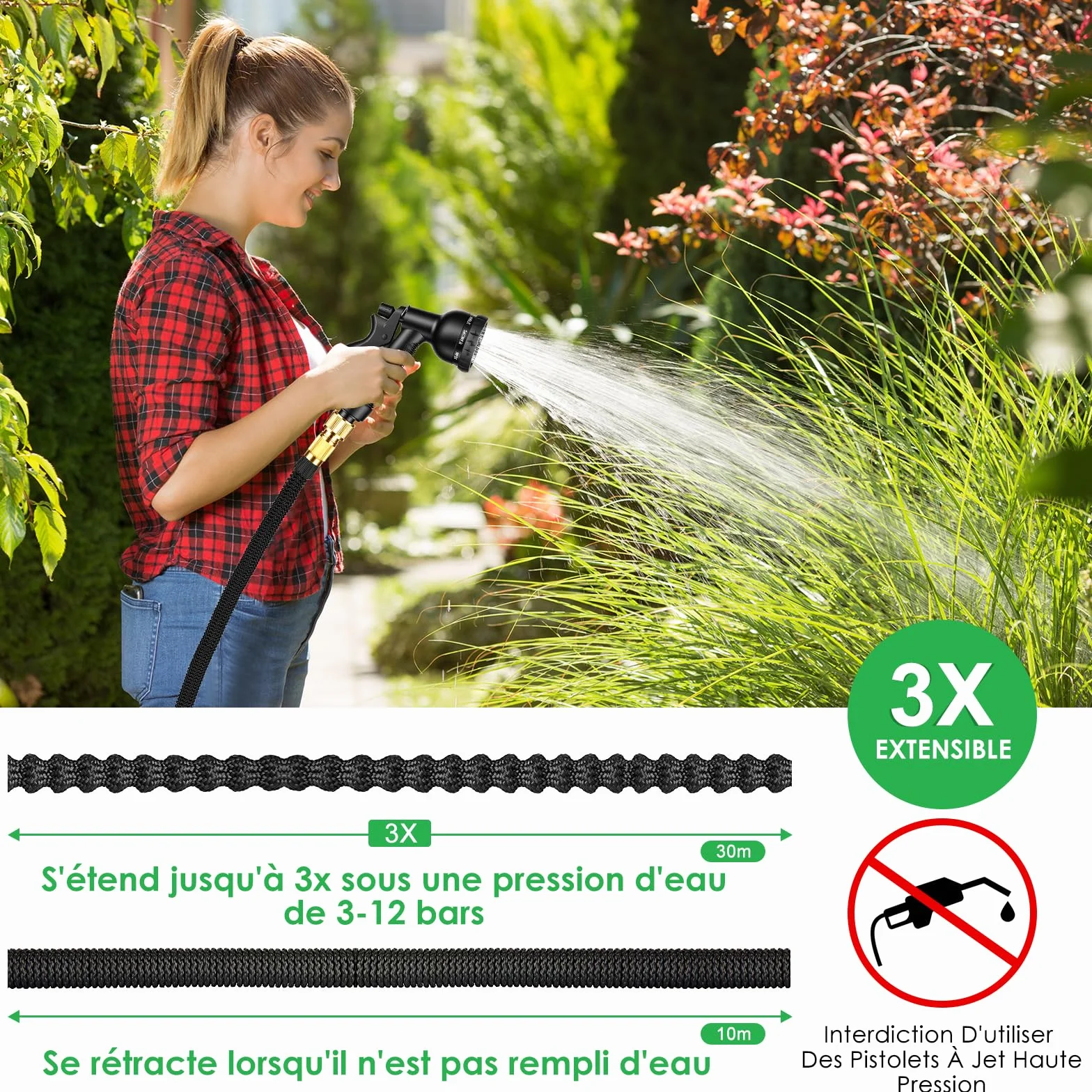 Tuyau d'arrosage extensible 30M 100FT avec pistolet 8 fonctions adaptateurs 1/2'' 3/4'' jardin noir