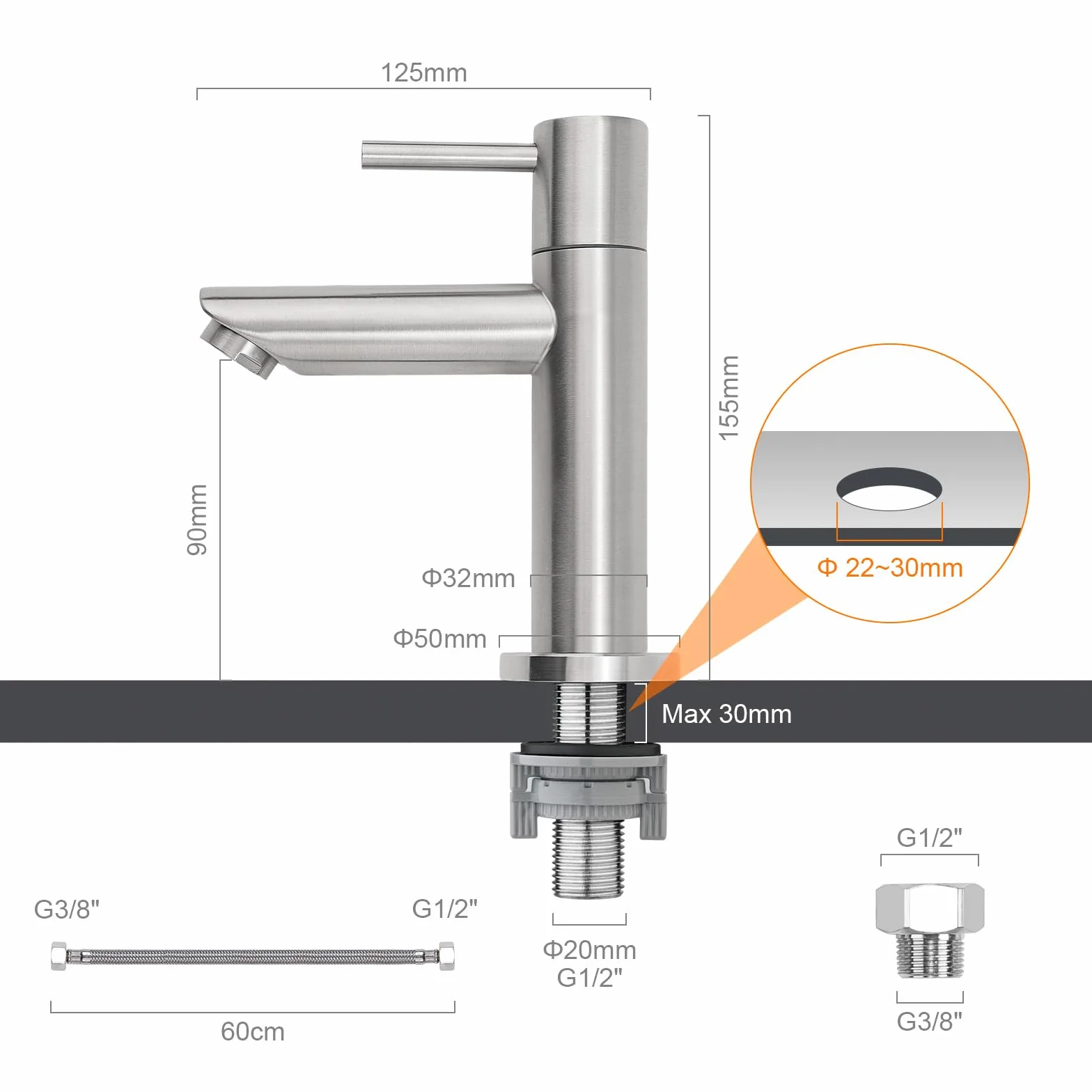 Ibergrif M18103 Mitigeur de lavabo eau froide monocommande acier inoxydable finition brossée