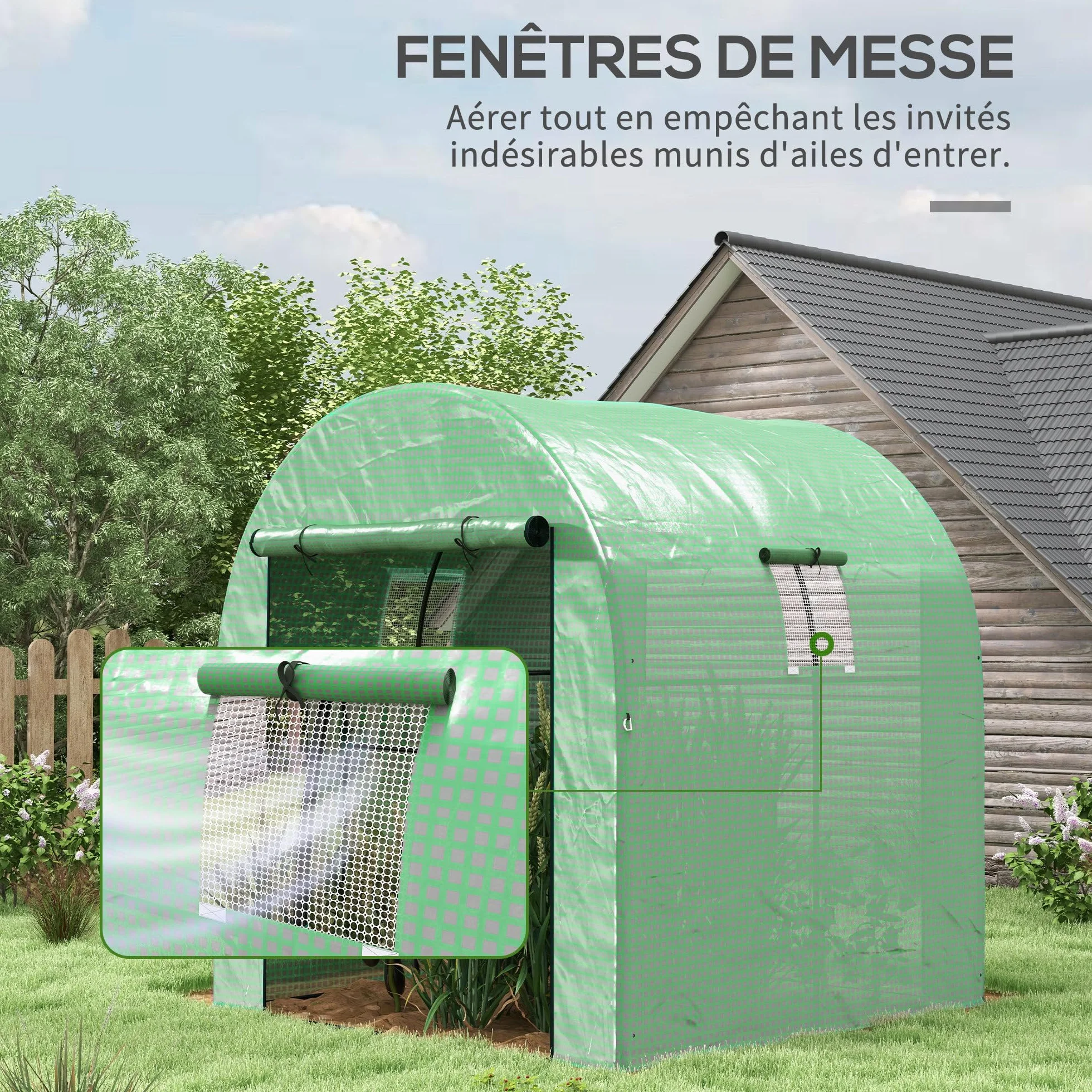 Outsunny Serre de Jardin Serre Tunnel de Jardin 3,24m² PE Haute densité 135 g/m², avec 2 Portes zippées enroulables 2 fenêtres en Maille, pour Toutes Saisons, 180 x 180 x 200 cm, Vert